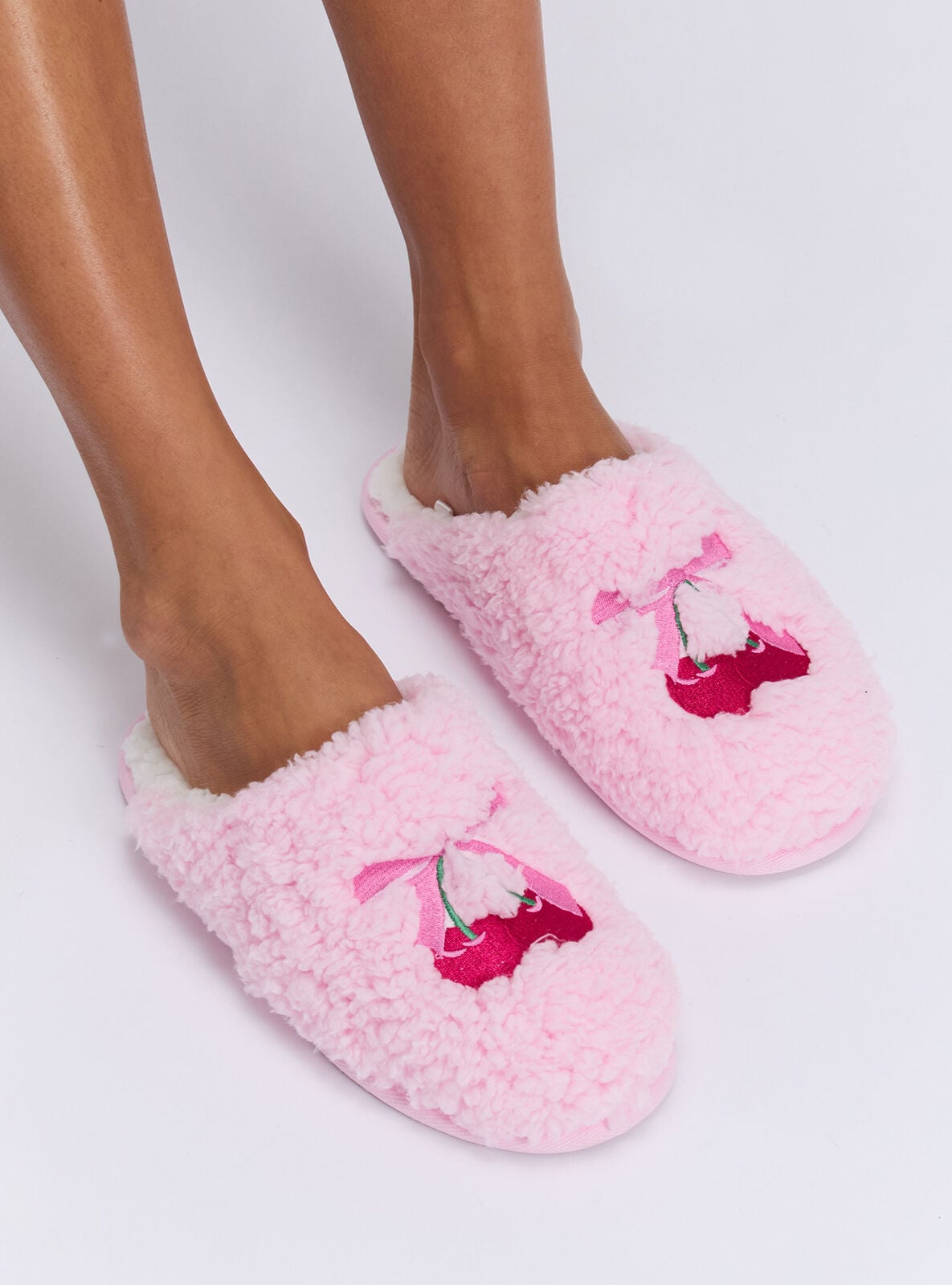 Boux Avenue Cherry and bow embroidered mule slippers – Candy Pink – – Boux Avenue Cherry and bow embroidered mule slippers – Candy Pink – –