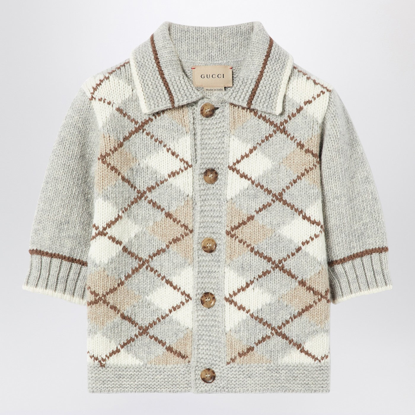 Cardigan with greybeige argyle inlay Cardigan with greybeige argyle inlay