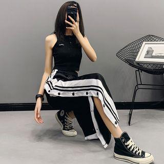 Contrast Trim Button-Side Sweatpants Black