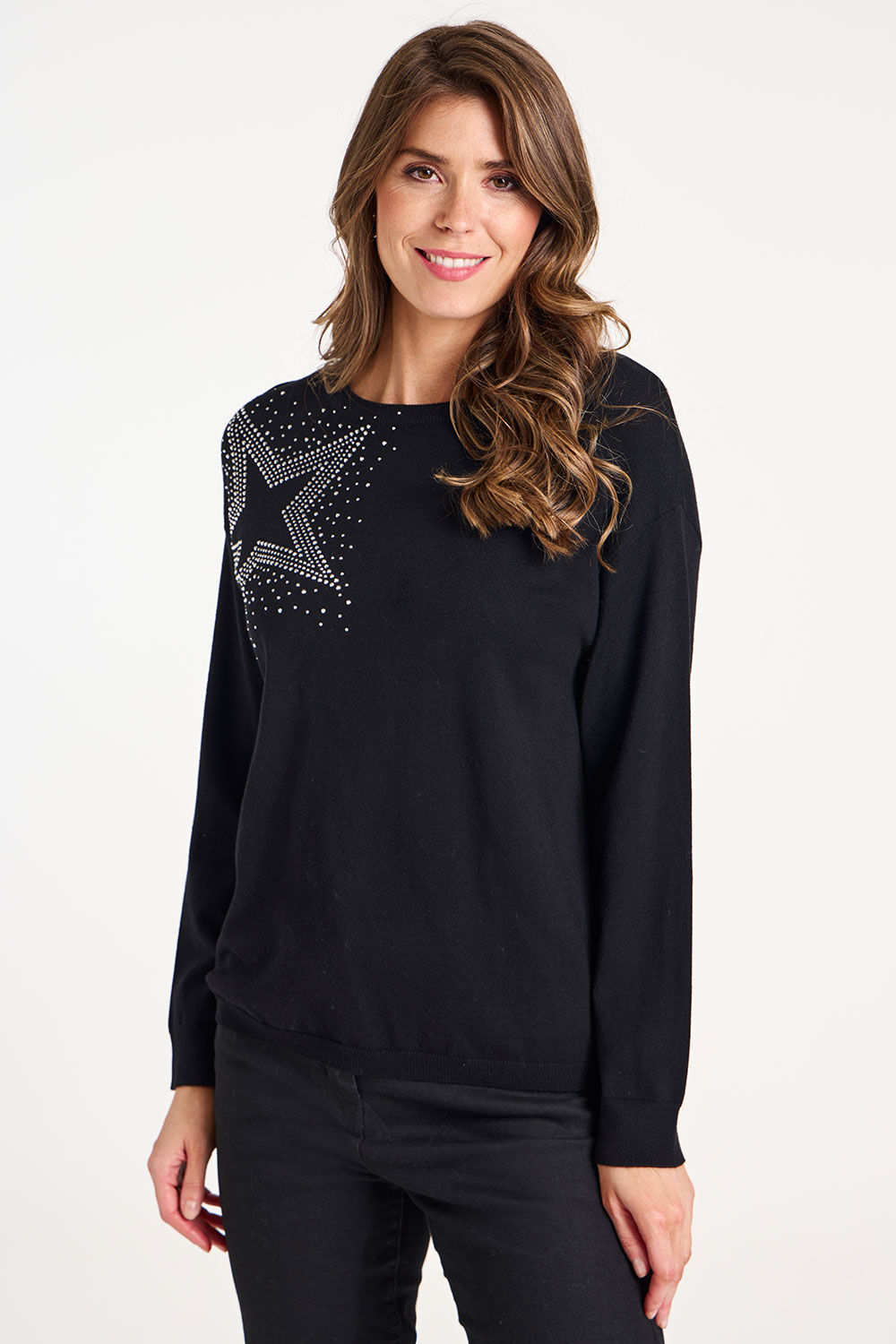 Bonmarche Black Embellished Star Jumper, Size: