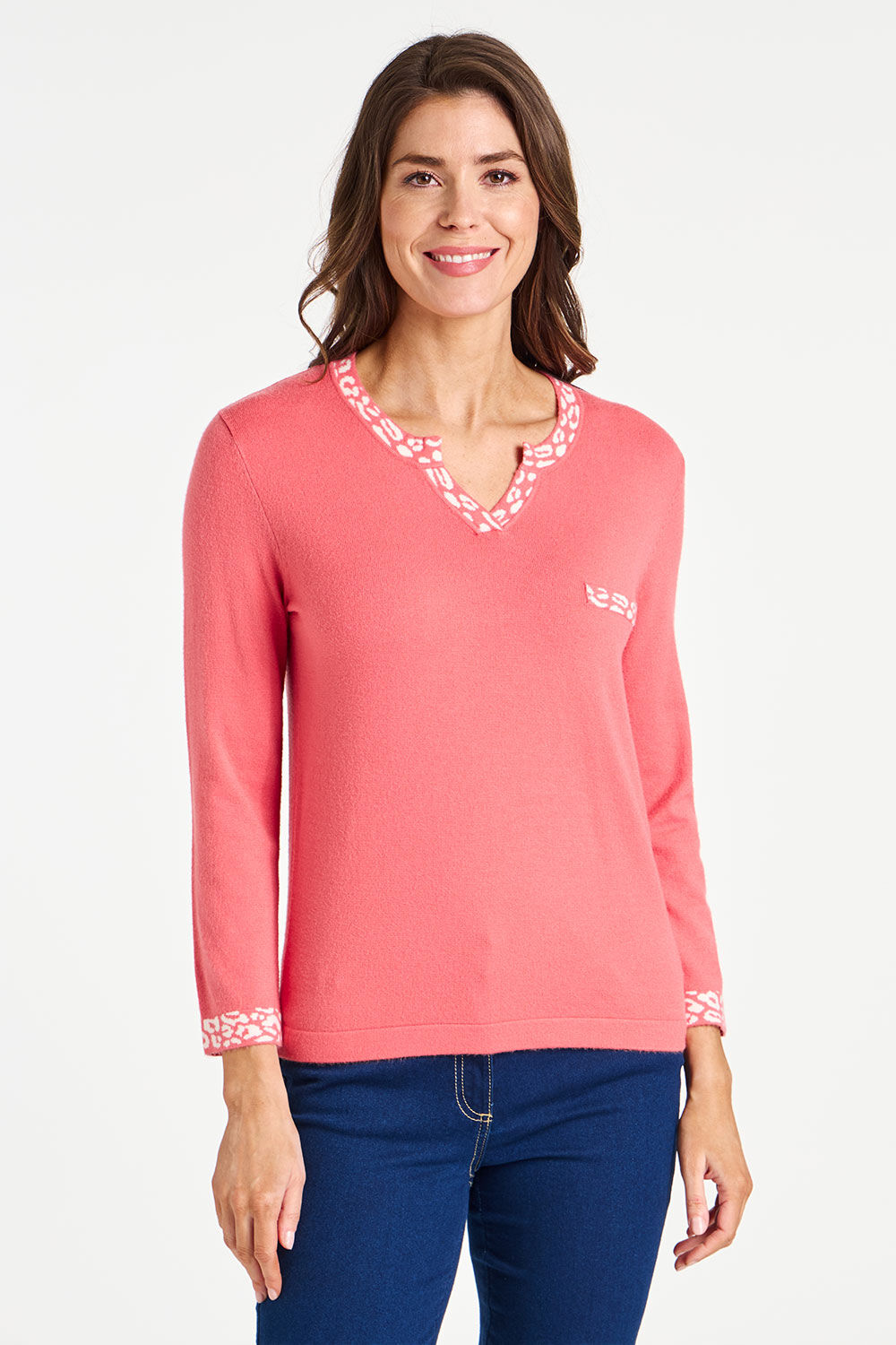 Bonmarche Coral Leopard Print Trim Jumper, Size: