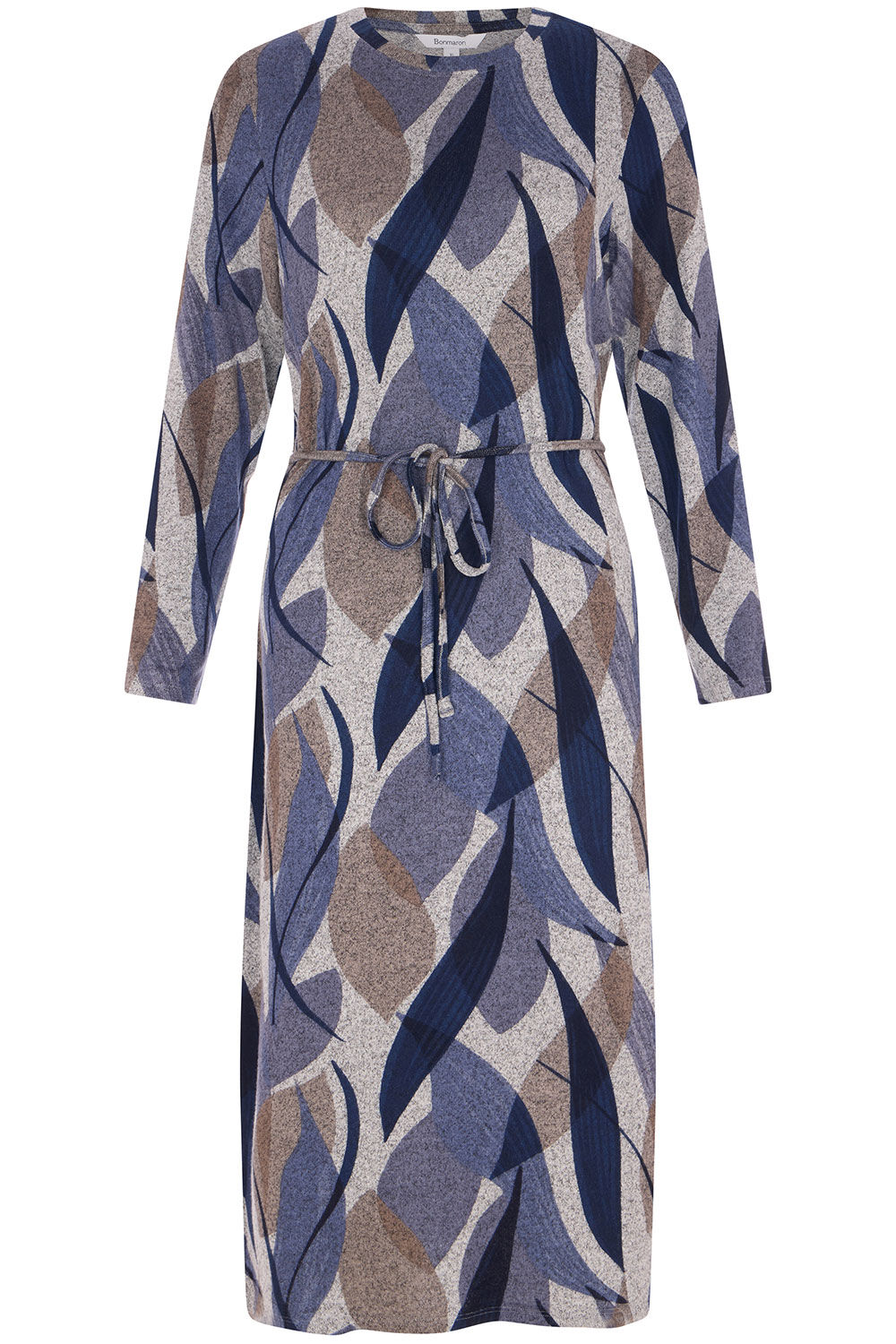 Bonmarche Navy Leaf Print Tie Waist Soft Touch Dress, Size: Bonmarche Navy Leaf Print Tie Waist Soft Touch Dress, Size: