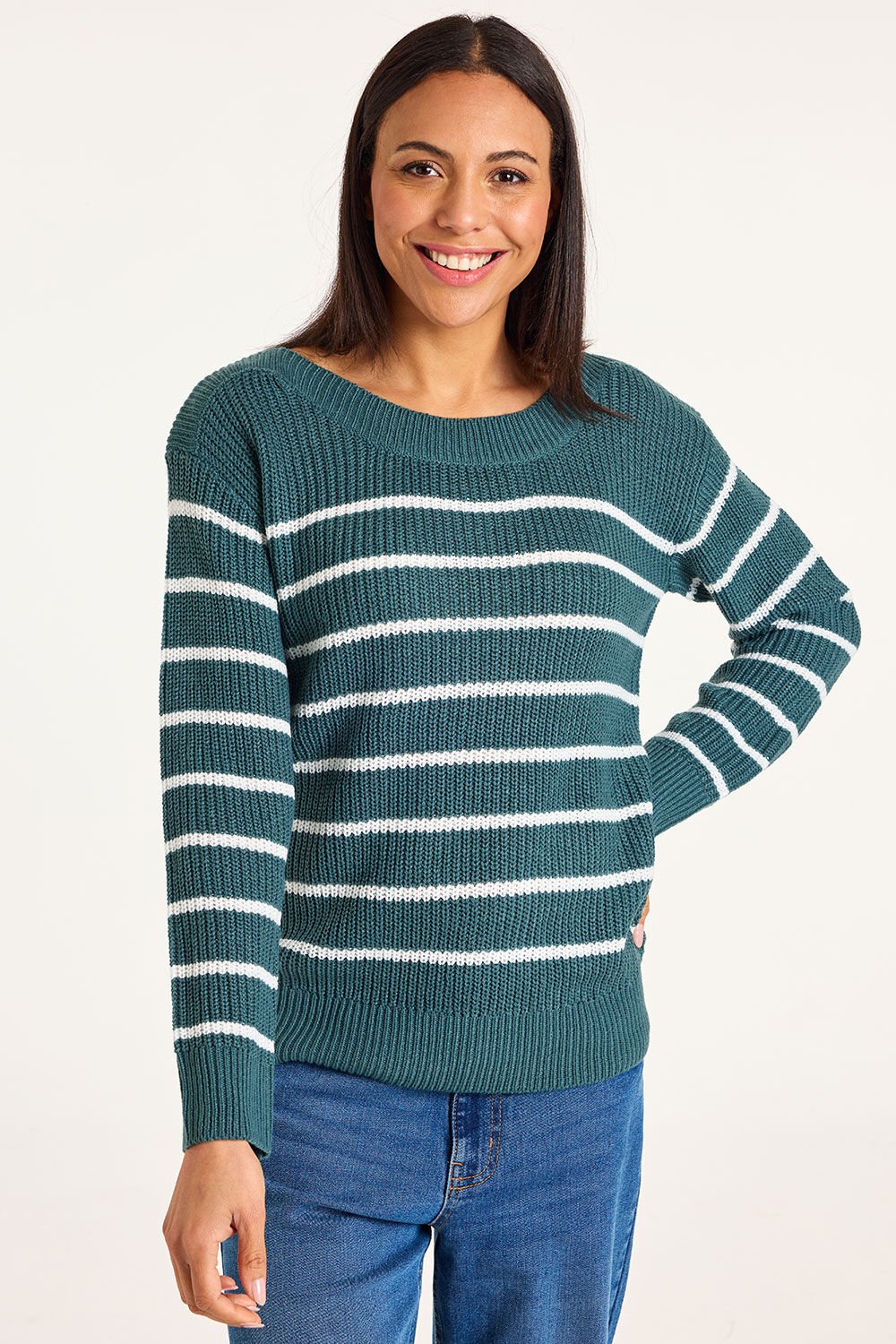 Bonmarche Green Stripe Boat Neck Jumper, Size: Bonmarche Green Stripe Boat Neck Jumper, Size: