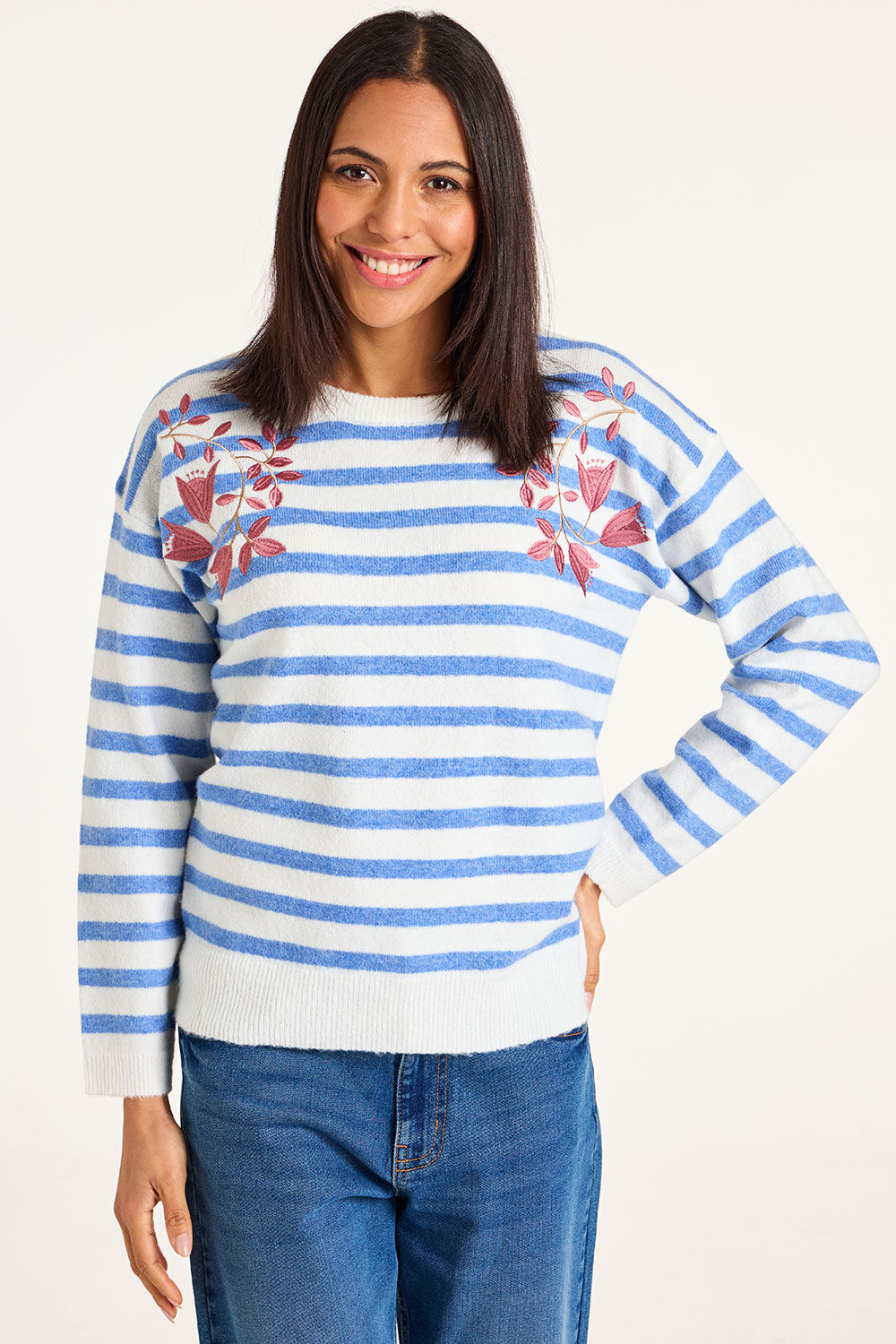Bonmarche Blue Stripe Embroidered Jumper, Size: Bonmarche Blue Stripe Embroidered Jumper, Size: