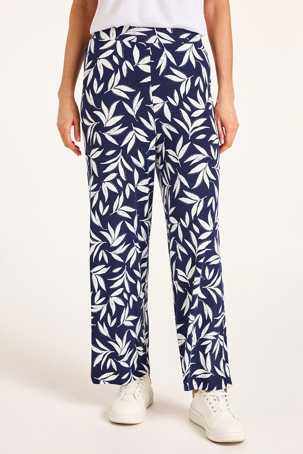 Bonmarche Navy Leaf Print Wide Leg Trousers, Size: Bonmarche Navy Leaf Print Wide Leg Trousers, Size: