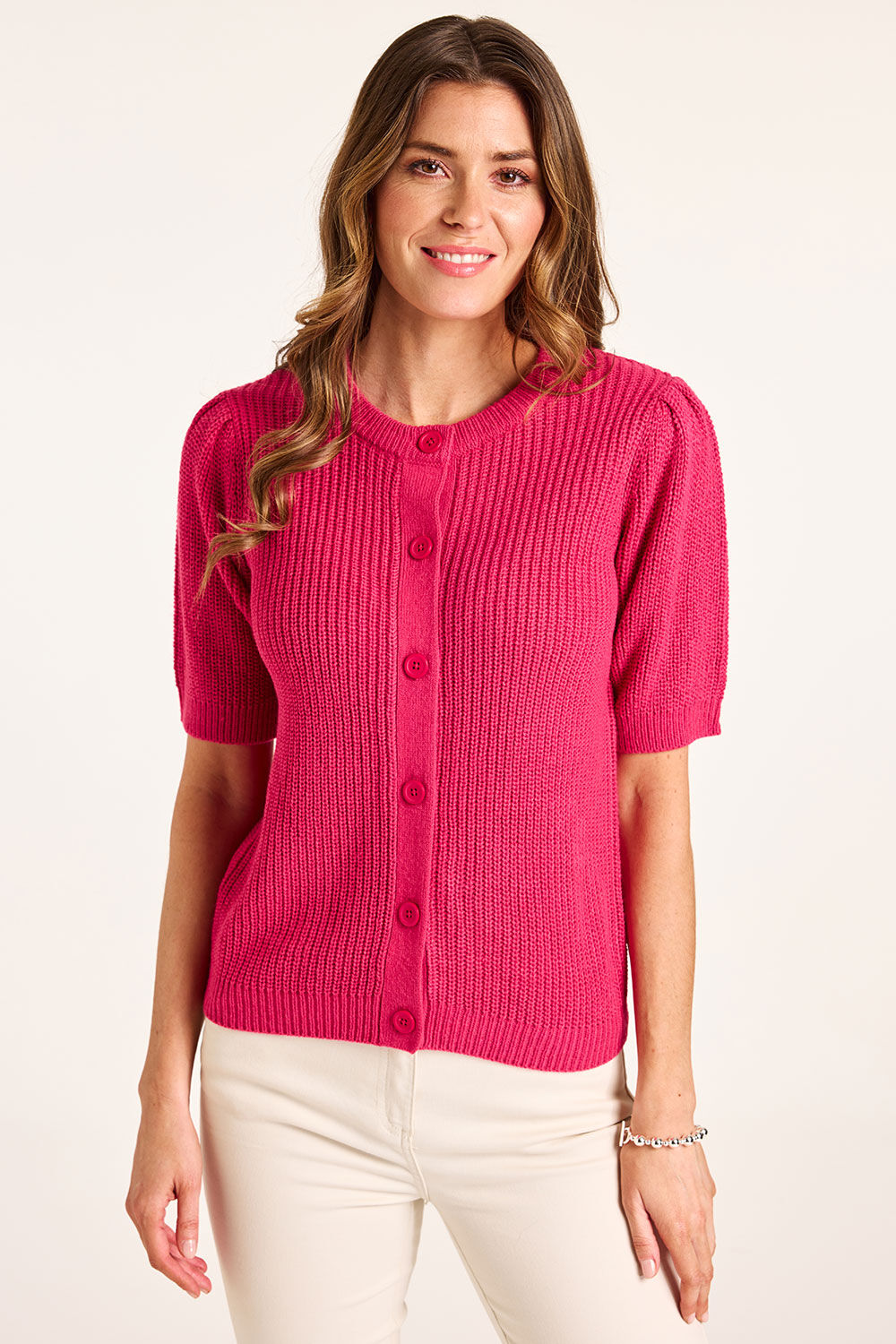 Bonmarche Pink Short Sleeve Button Through Cardigan, Size: