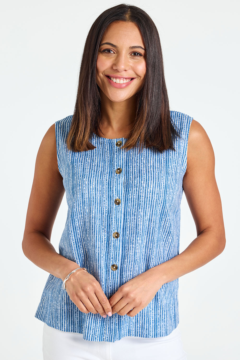 Bonmarche Blue Stripe Button Through Linen Blend Waistcoat, Size: Bonmarche Blue Stripe Button Through Linen Blend Waistcoat, Size: