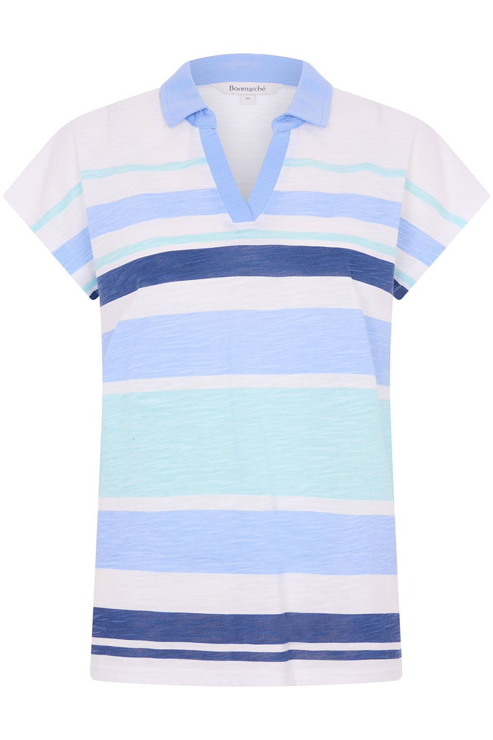 Bonmarche Blue Multi Stripe V-neck Short Sleeve Polo Shirt, Size: Bonmarche Blue Multi Stripe V-neck Short Sleeve Polo Shirt, Size: