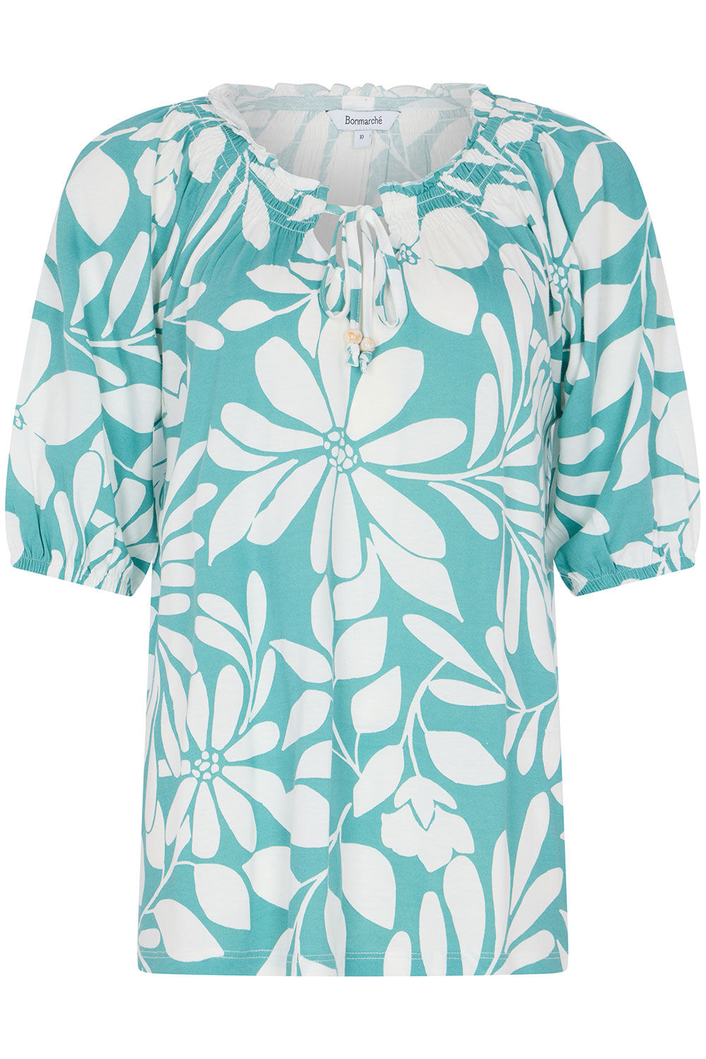 Bonmarche Teal Floral Print Tie Neck Short Sleeve Top, Size: Bonmarche Teal Floral Print Tie Neck Short Sleeve Top, Size: