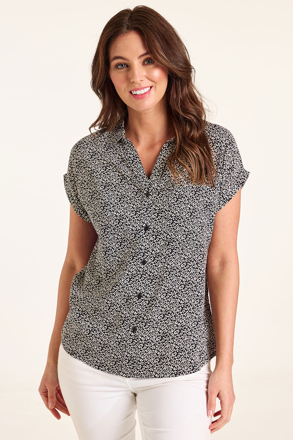 Bonmarche Black Monochrome Ditsy Print Button Through Shirt, Size: Bonmarche Black Monochrome Ditsy Print Button Through Shirt, Size: