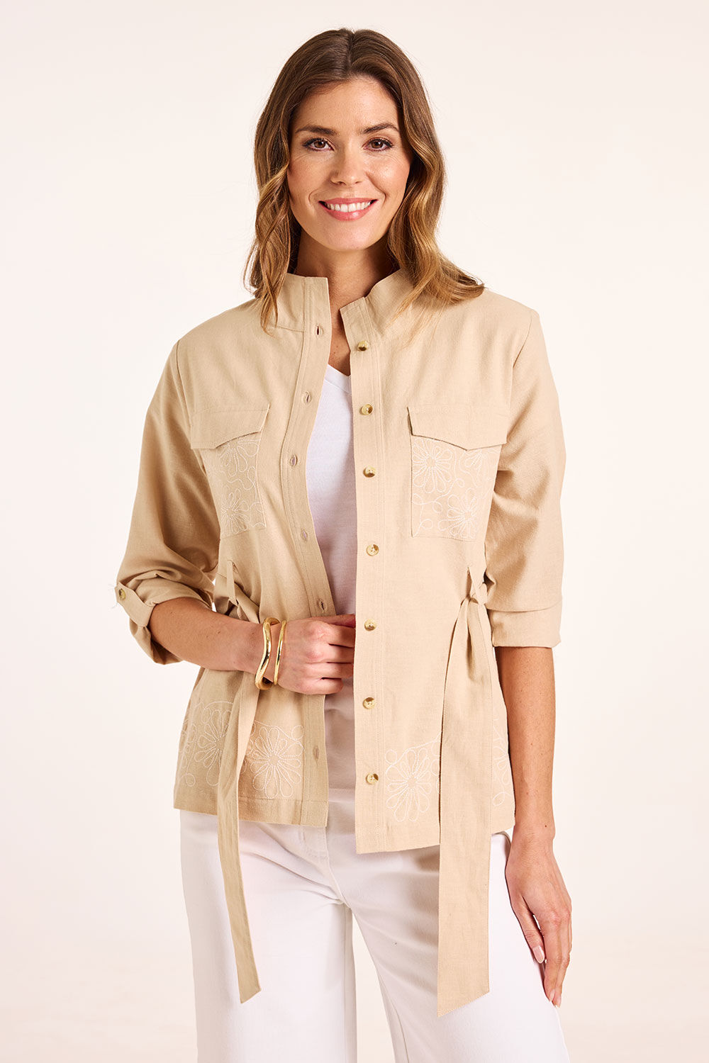 Bonmarche Natural Belted Jacket With Embroidery, Size: Bonmarche Natural Belted Jacket With Embroidery, Size: