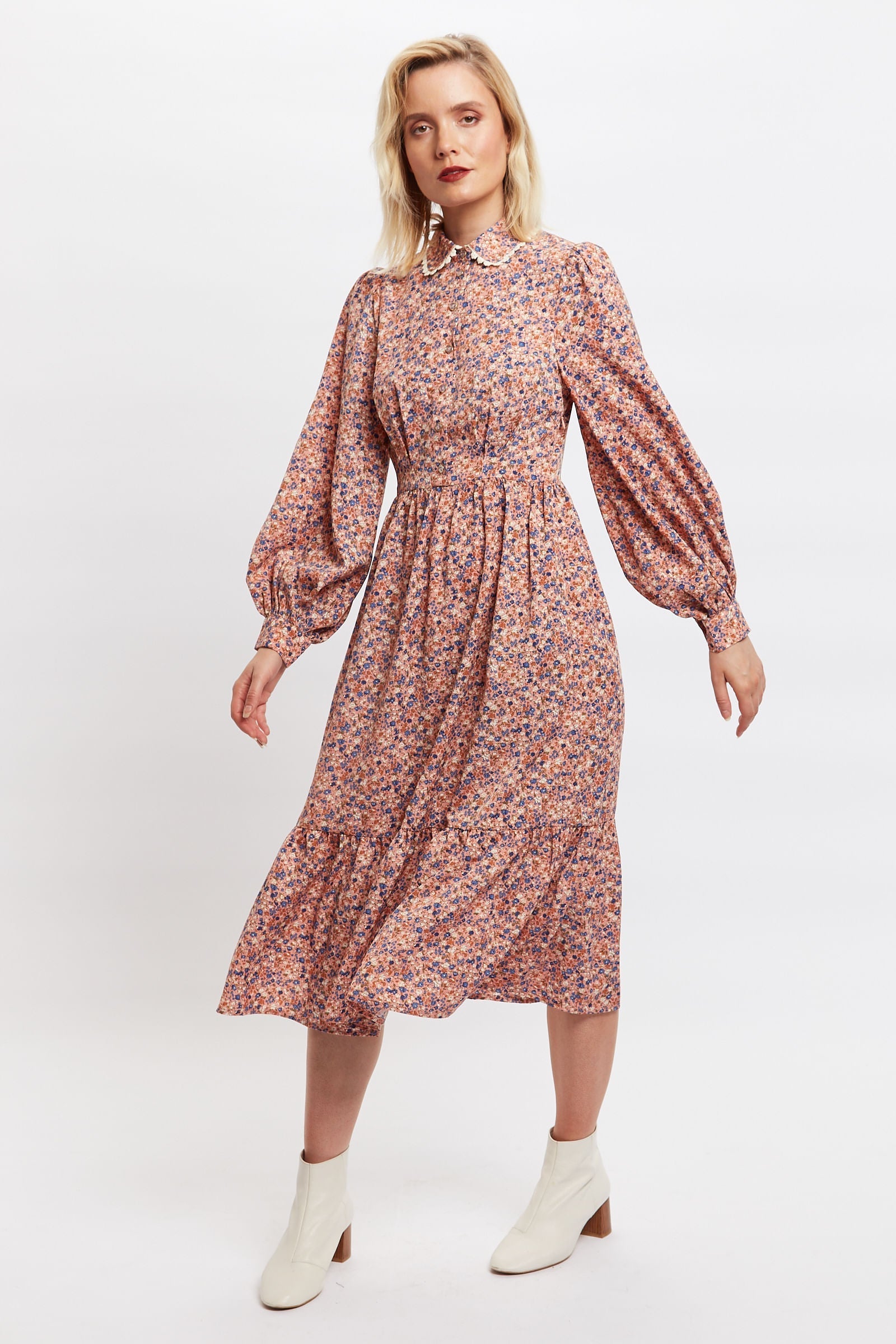 Louche Anda Dainty Ditsy Print Long Sleeve Tie Midi Dress – Pink