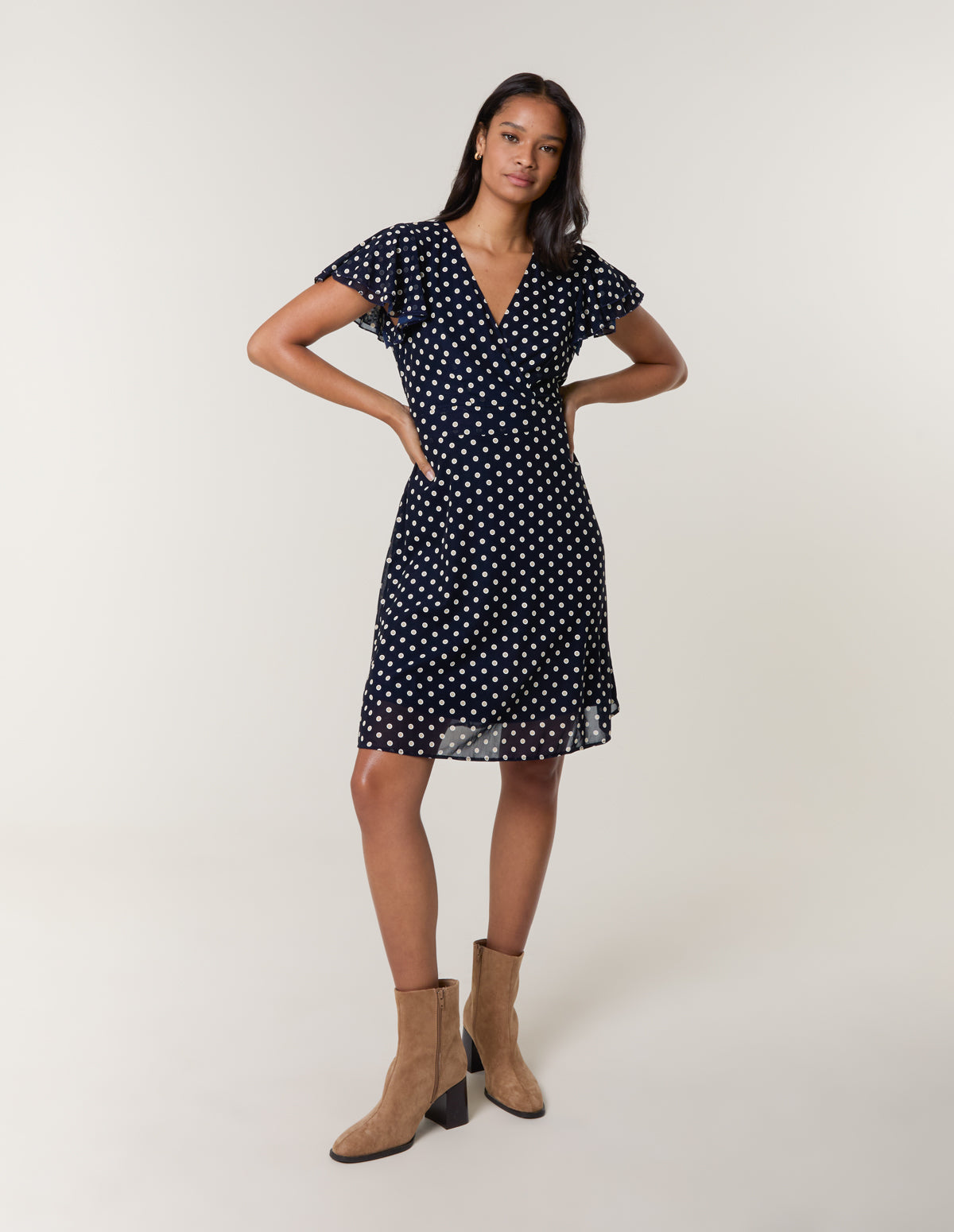 Polka Dot Mesh Frill Sleeve Wrap Dress With Tie Waist – NAVY Polka Dot Mesh Frill Sleeve Wrap Dress With Tie Waist – NAVY