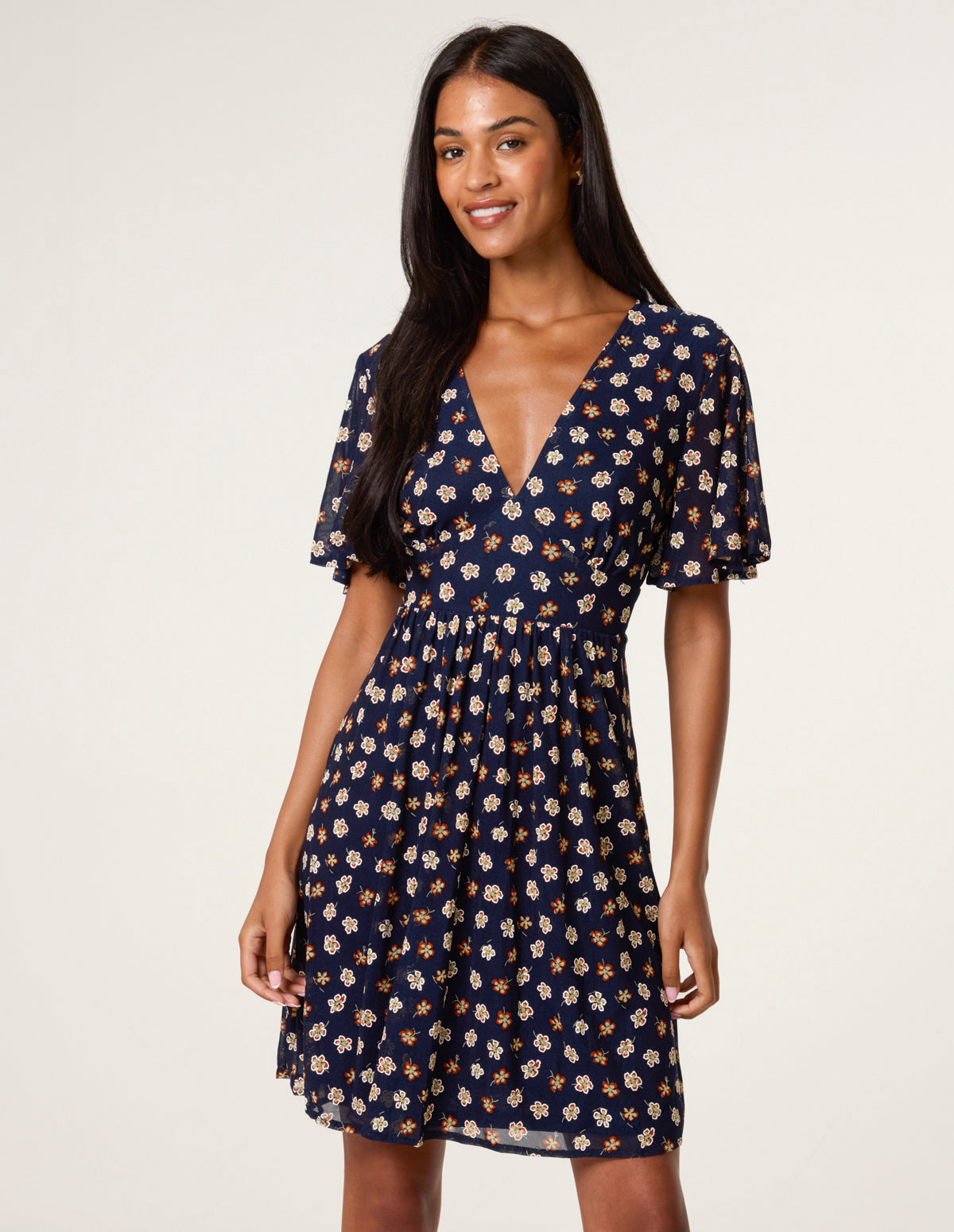 Ditsy Floral V Neck Tie Back Mini Dress – NAVY Ditsy Floral V Neck Tie Back Mini Dress – NAVY