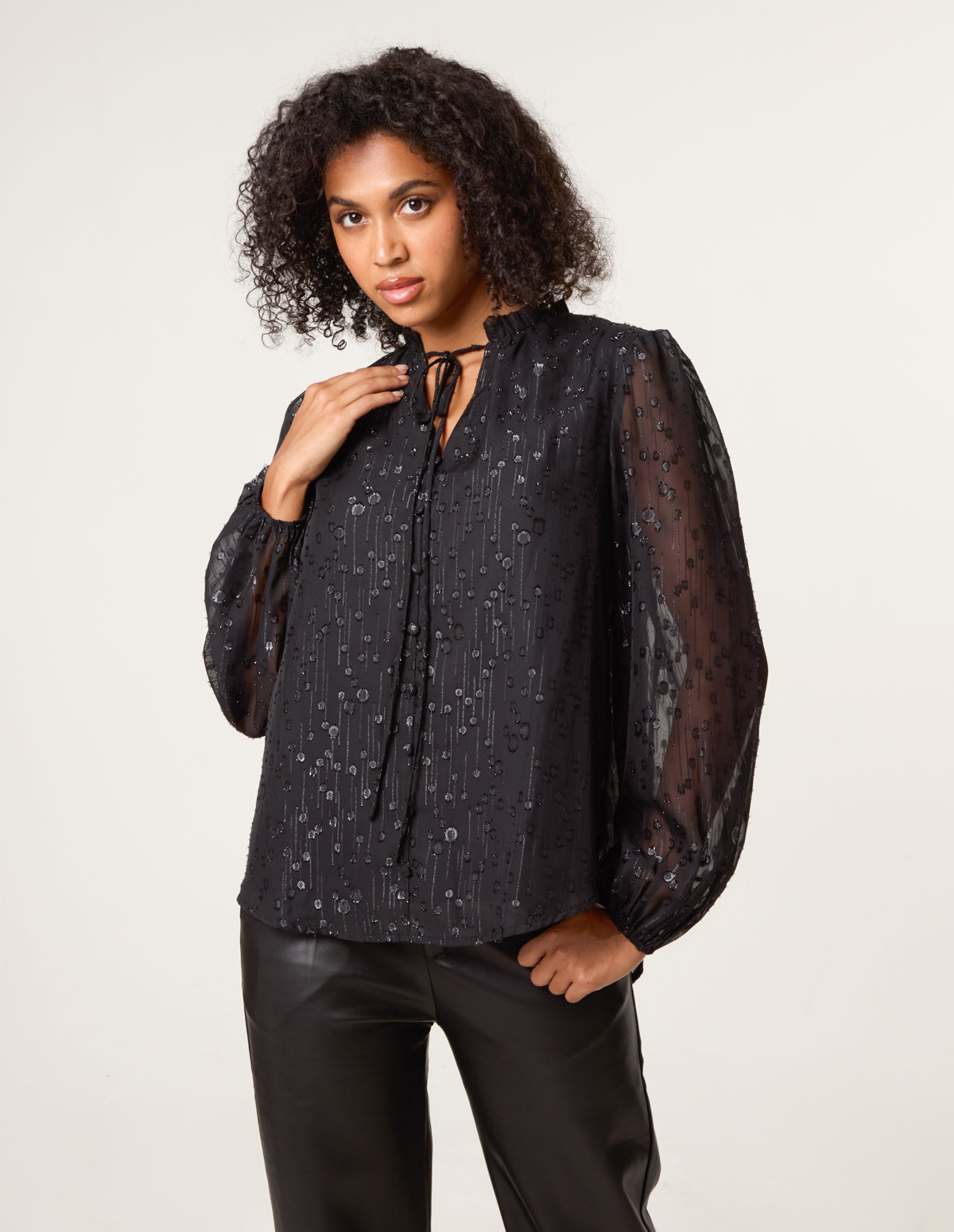 Jacquard Button And Tie Front Blouse – BLACK Jacquard Button And Tie Front Blouse – BLACK