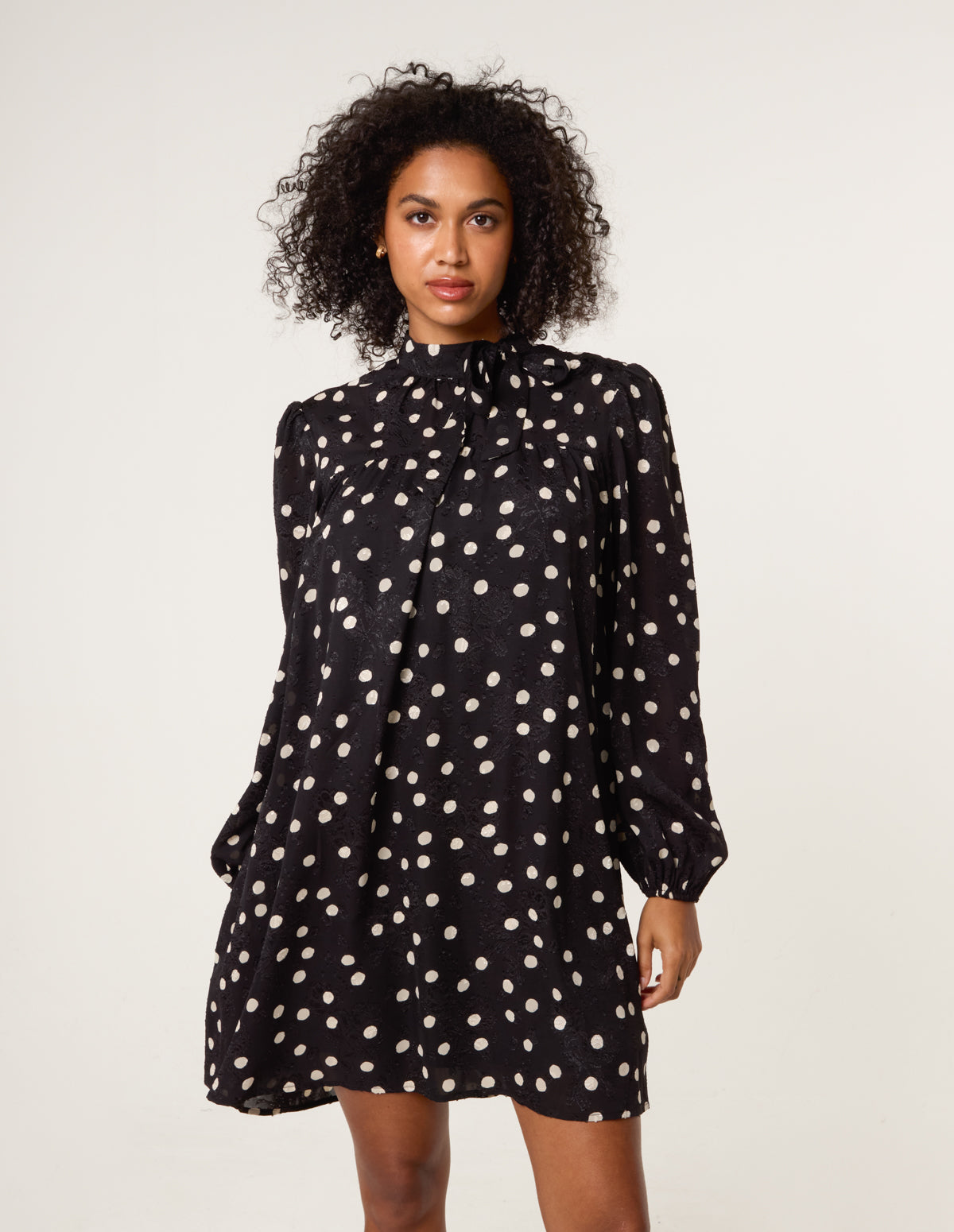 Polka Dot Tie Neck Smock Dress – BLACK Polka Dot Tie Neck Smock Dress – BLACK