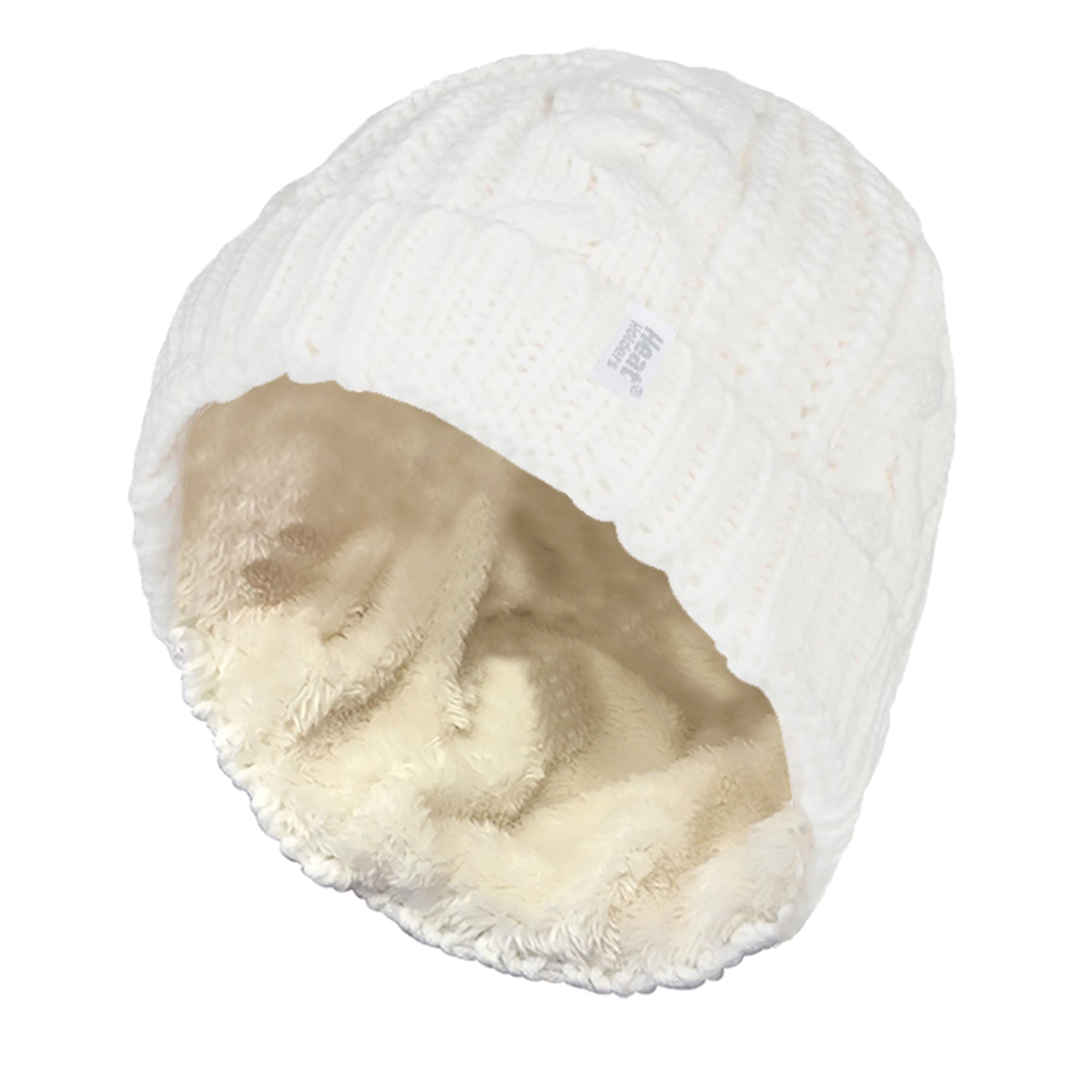 Ladies Cable Knit Fleece Lined Turnover Hat for Winter – One Size Cream Ladies Cable Knit Fleece Lined Turnover Hat for Winter – One Size Cream
