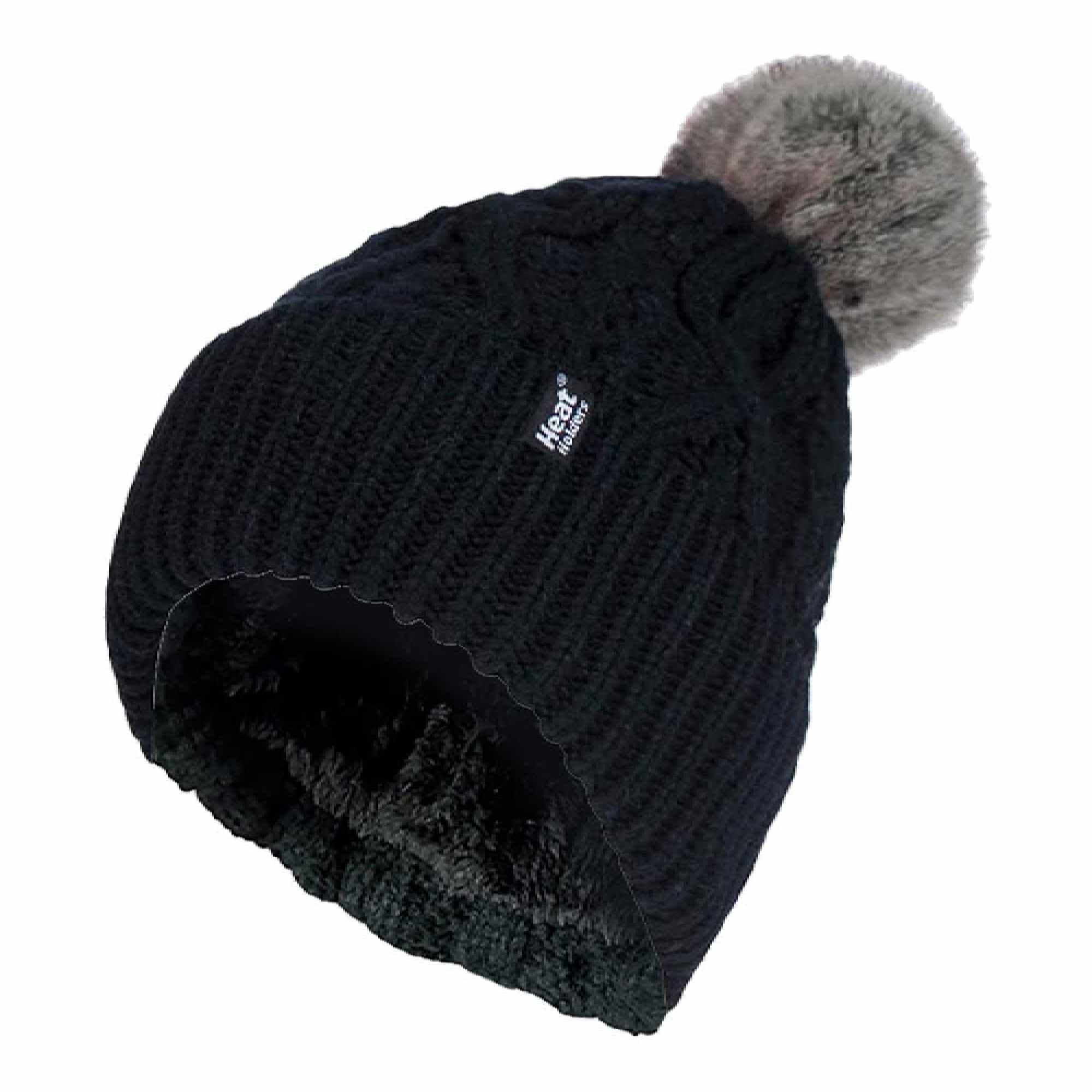 Ladies Knitted Turnover Cuffed Pom Pom Beanie Hat with Bobble – One Size Black Ladies Knitted Turnover Cuffed Pom Pom Beanie Hat with Bobble – One Size Black