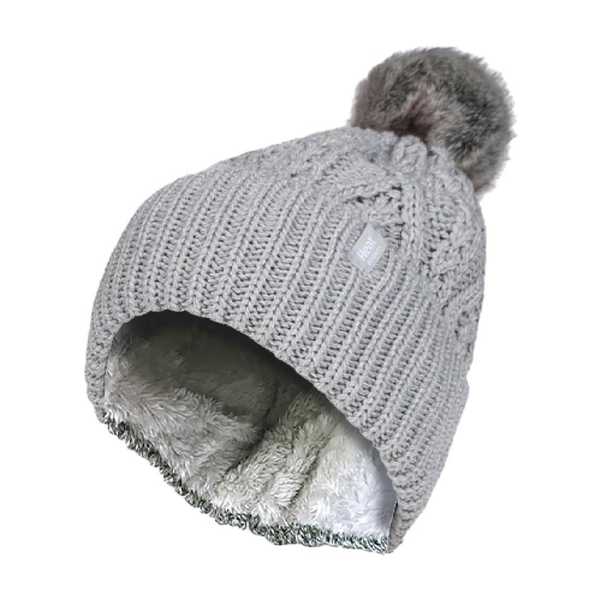 Ladies Knitted Turnover Cuffed Pom Pom Beanie Hat with Bobble – One Size Light Grey