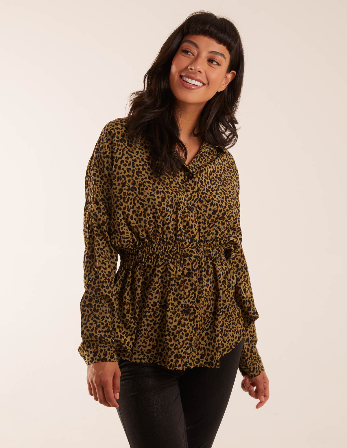 Leopard Print Shirred Waist Shirt – S KHAKI Leopard Print Shirred Waist Shirt – S KHAKI