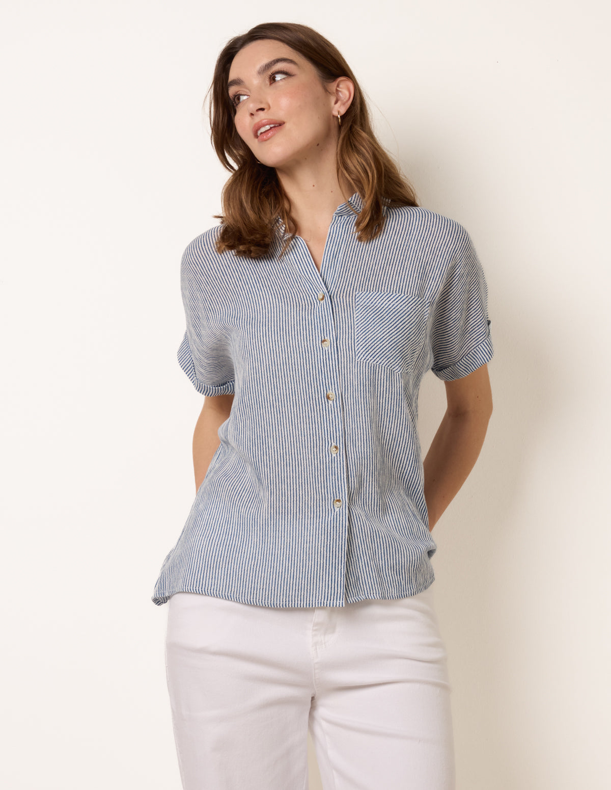 Stripe Button Front Shirt – L NAVY