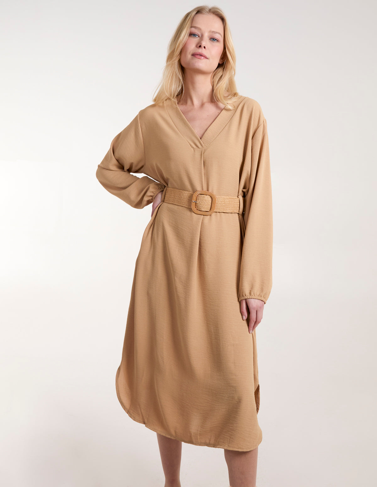 V Neck Long Sleeve Dress With Woven Belt – ML Camel V Neck Long Sleeve Dress With Woven Belt – ML Camel