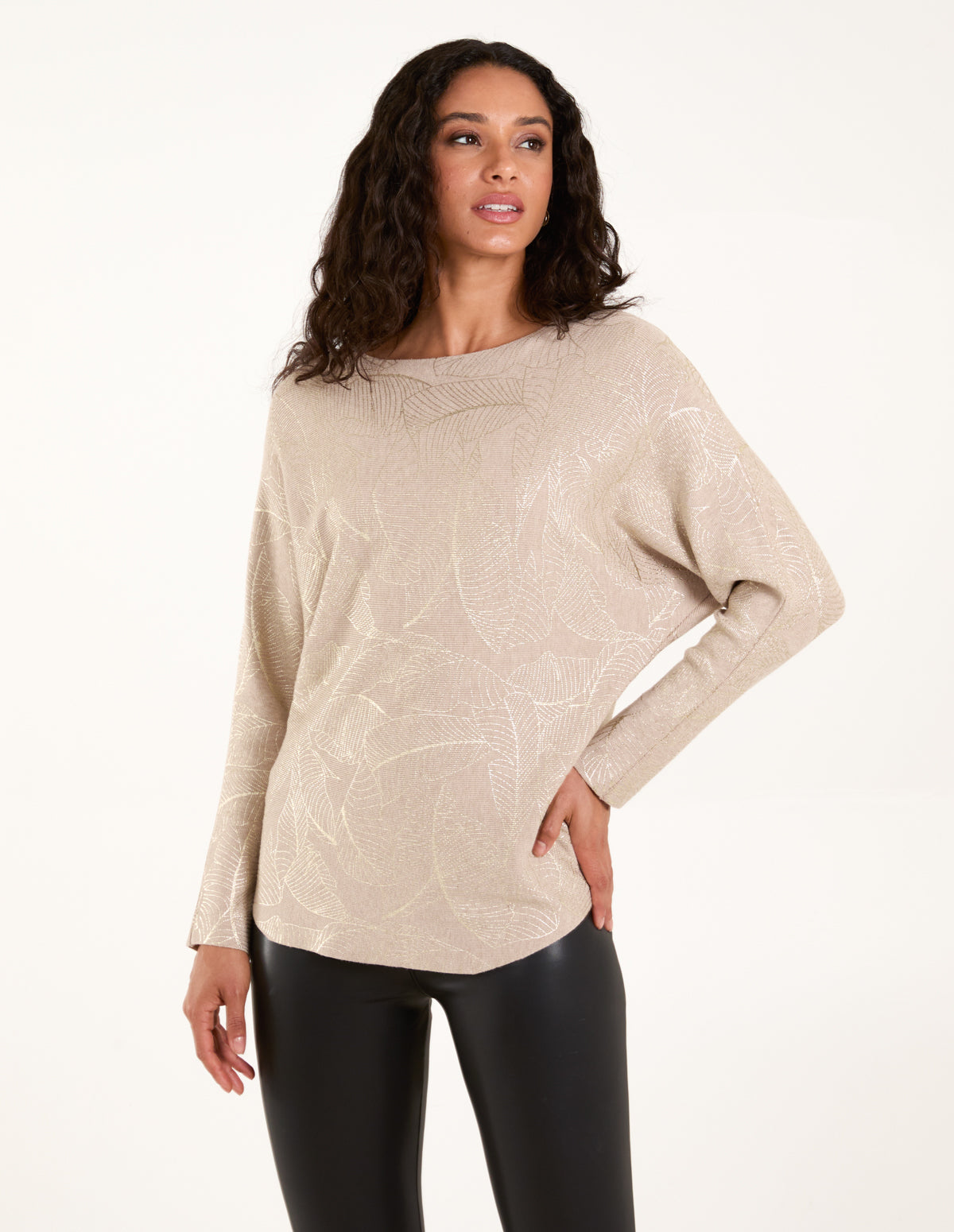 Foil Leaf Print Round Neck Jumper – SM BEIGE Foil Leaf Print Round Neck Jumper – SM BEIGE