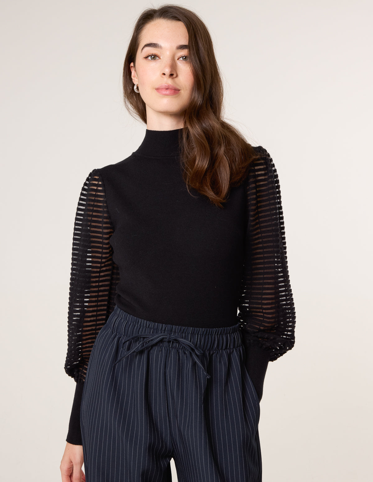 Semi-Sheer Mesh Panel Long Sleeve Jumper – L BLACK Semi-Sheer Mesh Panel Long Sleeve Jumper – L BLACK