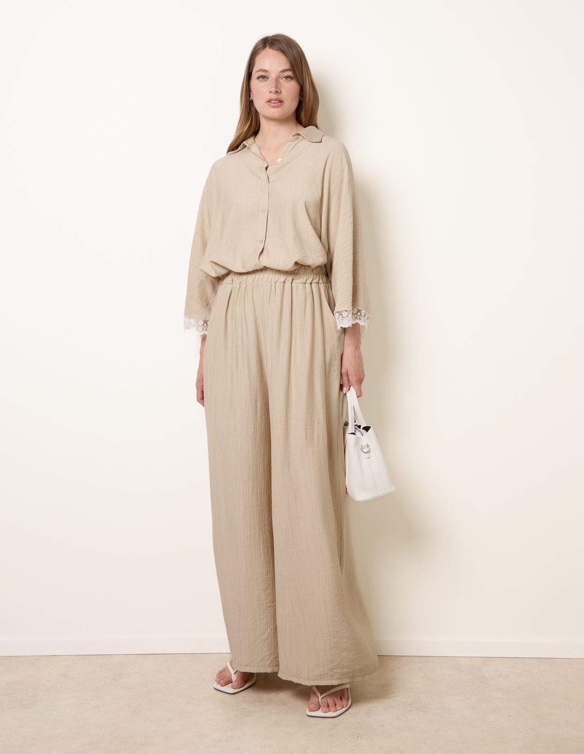 Crinkle Viscose Wide Leg Trousers – ONE BEIGE Crinkle Viscose Wide Leg Trousers – ONE BEIGE