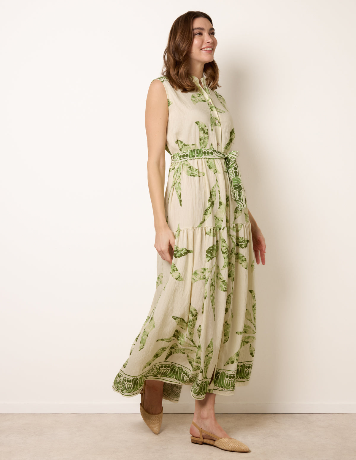 Leaf Print Collarless Shirt Dress With Belted Waist – ML GREEN Leaf Print Collarless Shirt Dress With Belted Waist – ML GREEN