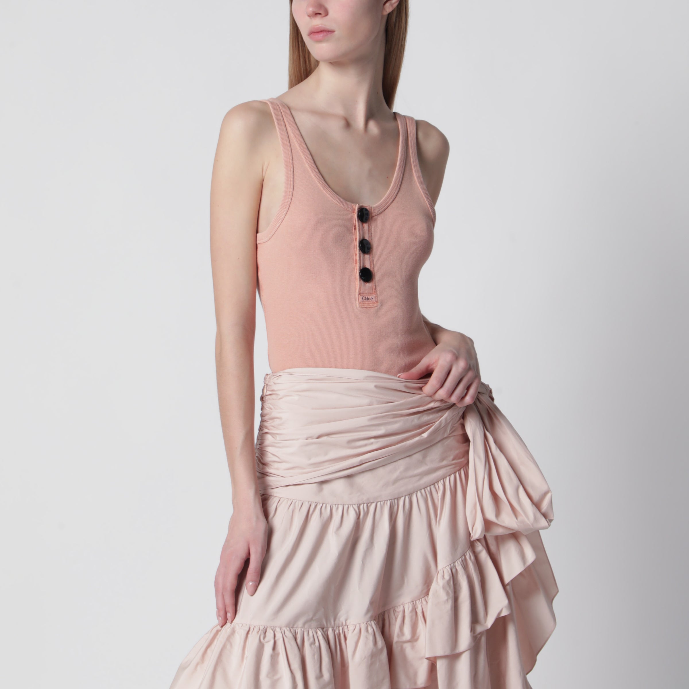Fitted Henley tank top in ribbed organic cotton, pink Fitted Henley tank top in ribbed organic cotton, pink