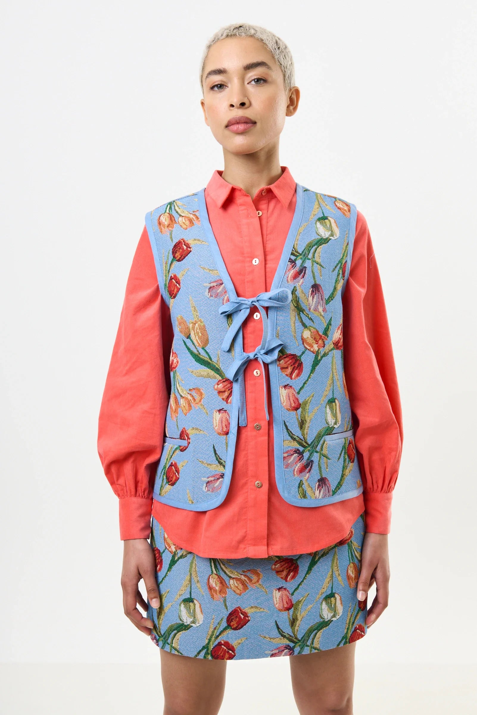 Claude Tulip Jacquard Tie Front Waistcoat – Blue Claude Tulip Jacquard Tie Front Waistcoat – Blue