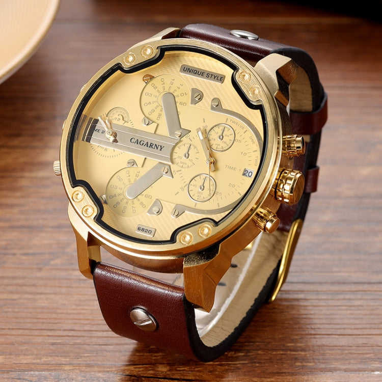 CAGARNY Round Large Dial Leather Band Quartz Dual Movement Watch For Men – Gold Surface Dark Brown Band CAGARNY Round Large Dial Leather Band Quartz Dual Movement Watch For Men – Gold Surface Dark Brown Band