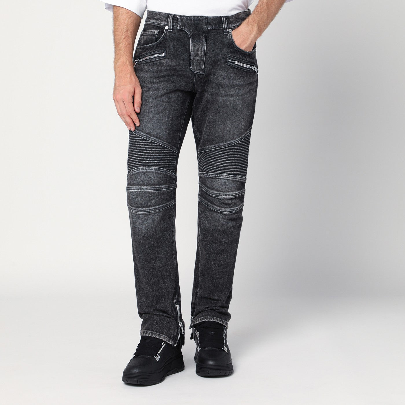 Grey washed slim biker jeans Grey washed slim biker jeans