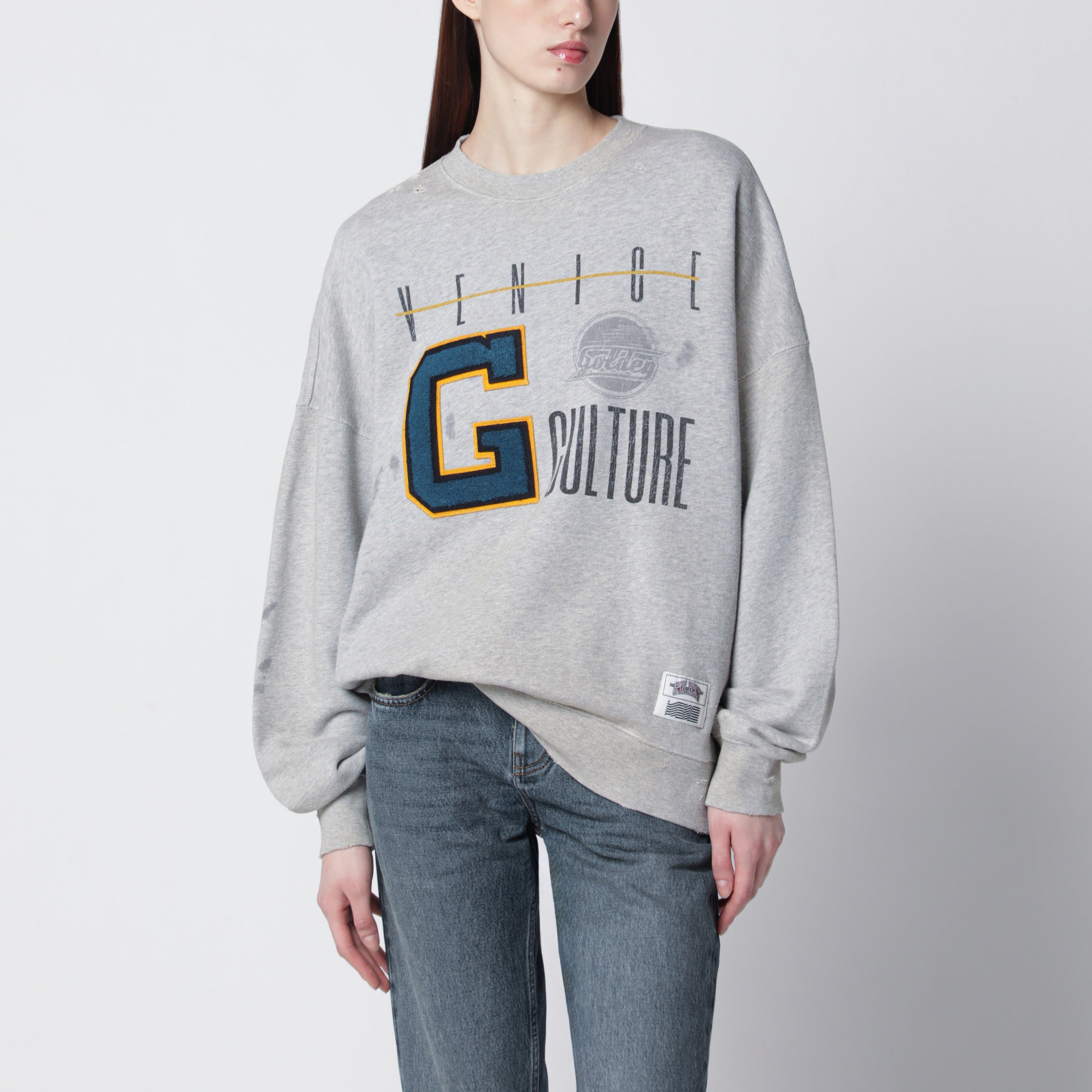 Grey sweatshirt with college logo graphic
