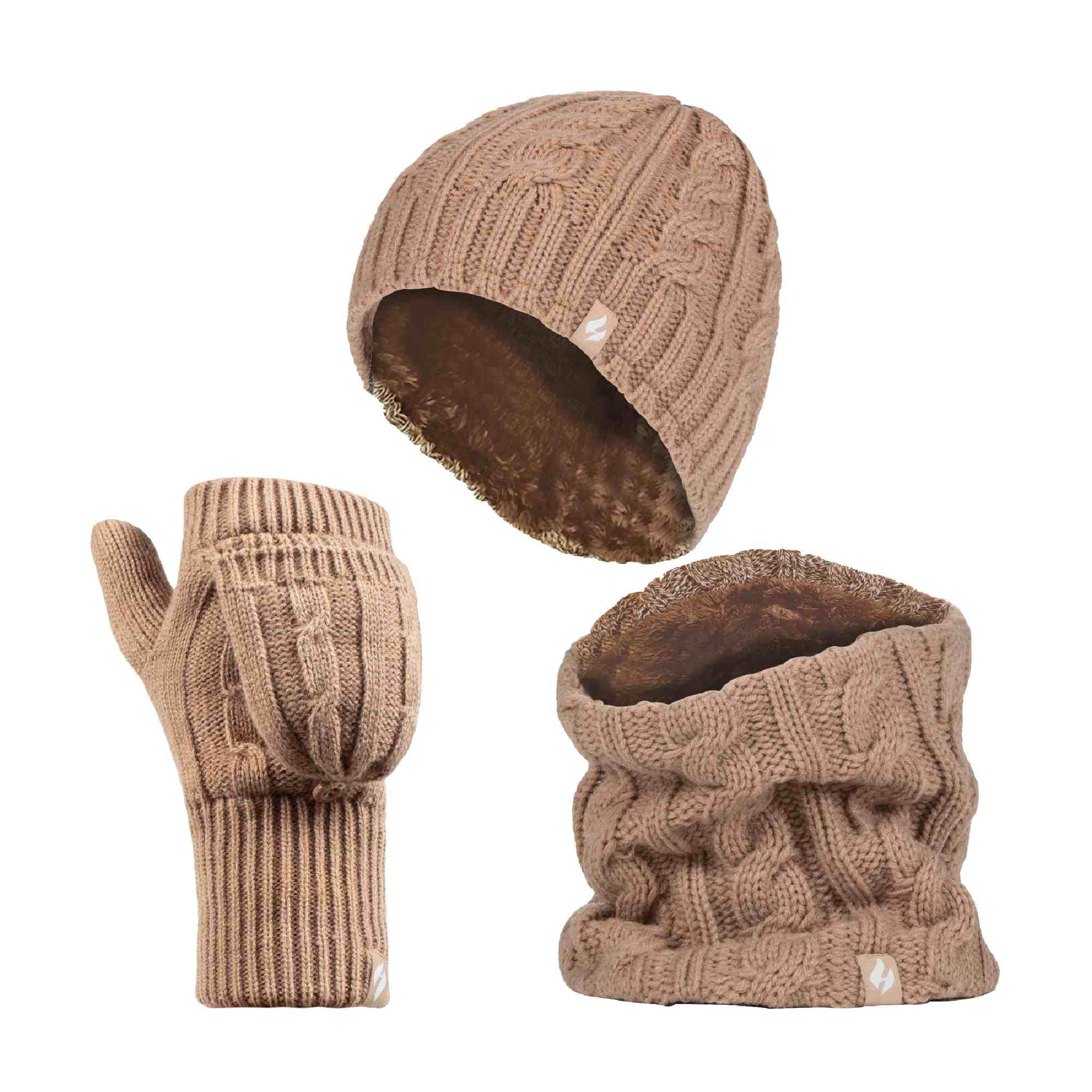 Ladies Fleece Lined Thermal Winter Hat, Neck Warmer & Converter Gloves Set – One Size Beige Ladies Fleece Lined Thermal Winter Hat, Neck Warmer & Converter Gloves Set – One Size Beige