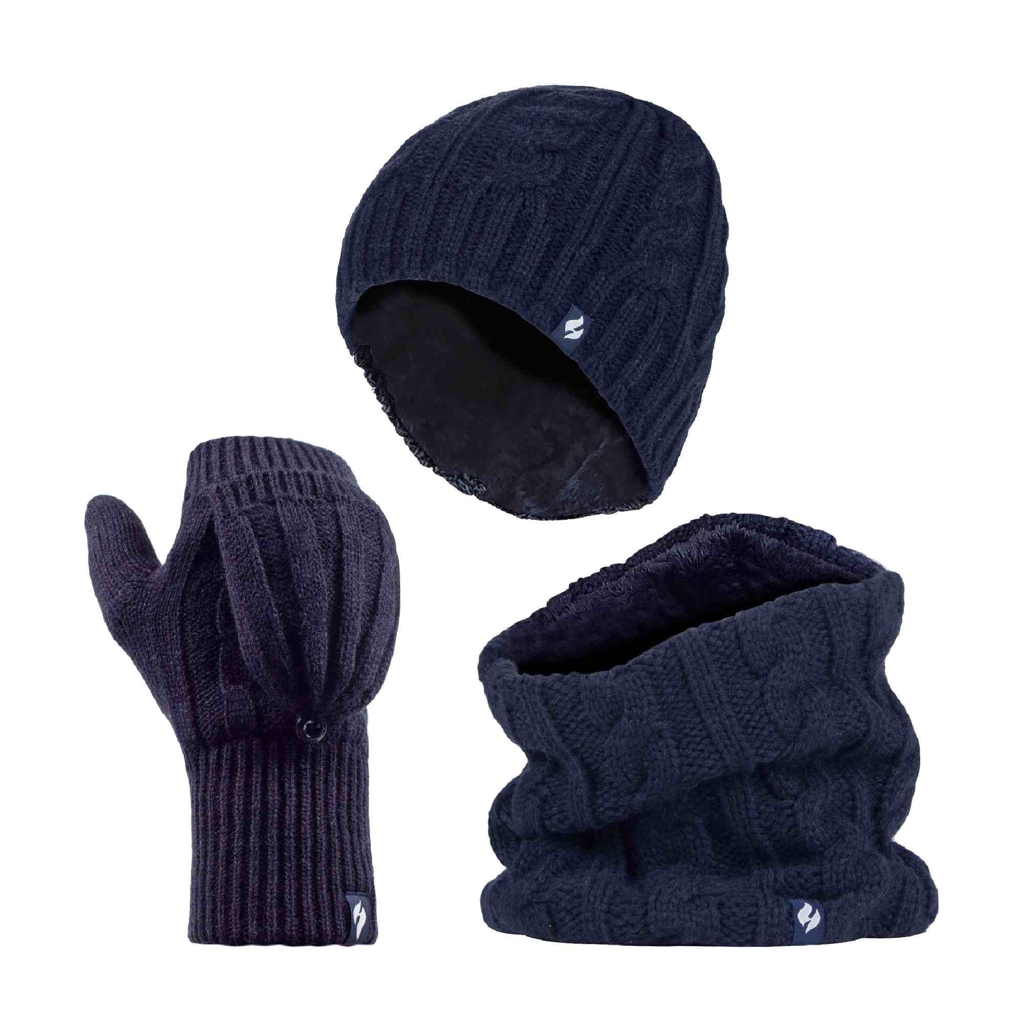 Ladies Fleece Lined Thermal Winter Hat, Neck Warmer & Converter Gloves Set – One Size Navy Ladies Fleece Lined Thermal Winter Hat, Neck Warmer & Converter Gloves Set – One Size Navy