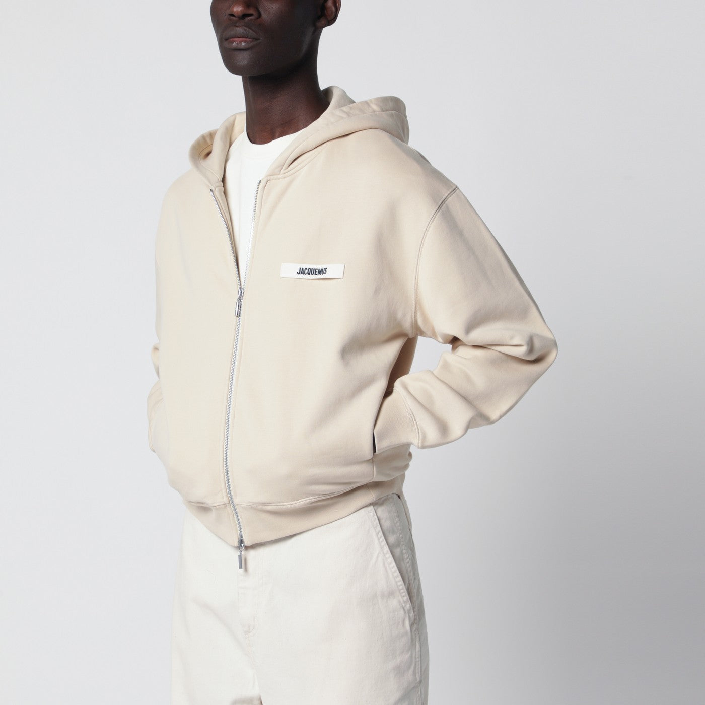 Beige zip-up sweatshirt with grosgrain logo Beige zip-up sweatshirt with grosgrain logo