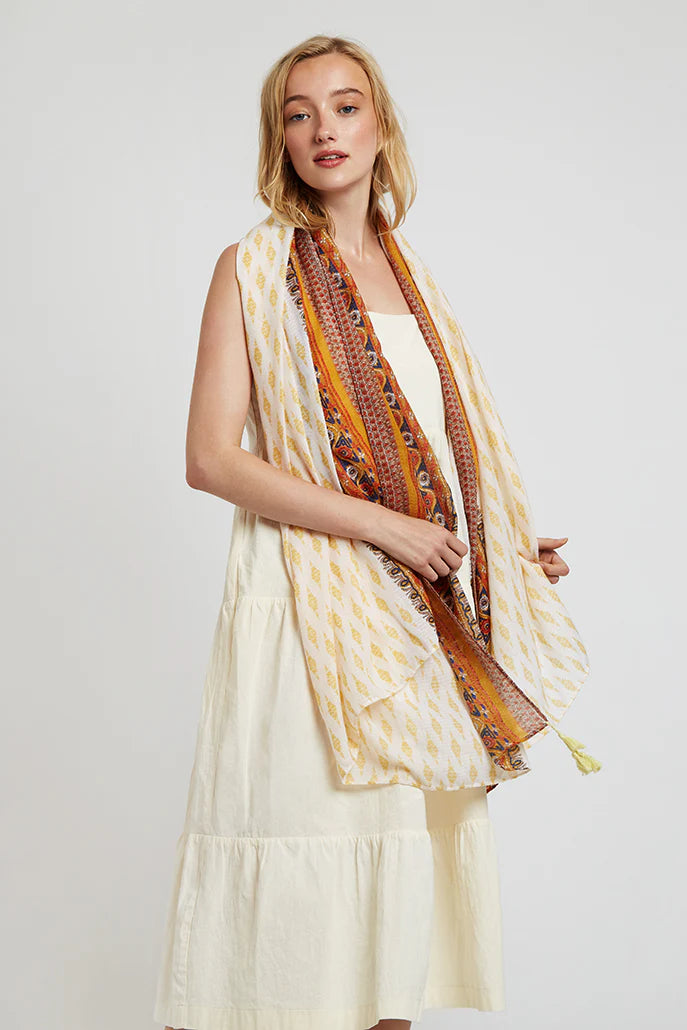 Hadlet Mustard Border Boho Scarf – EcruMustard Hadlet Mustard Border Boho Scarf – EcruMustard
