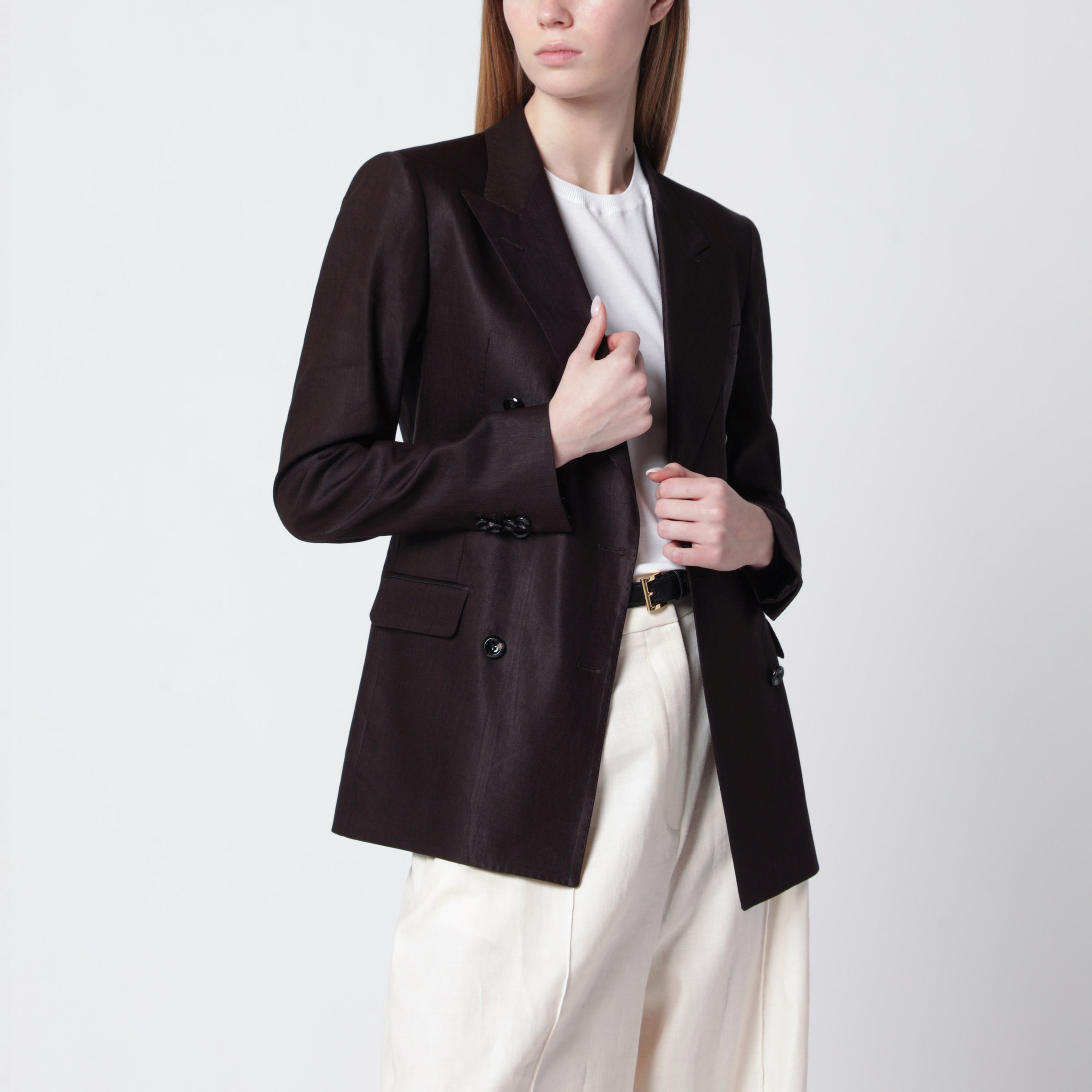 Parigi double-breasted blazer in brown linen blend Parigi double-breasted blazer in brown linen blend