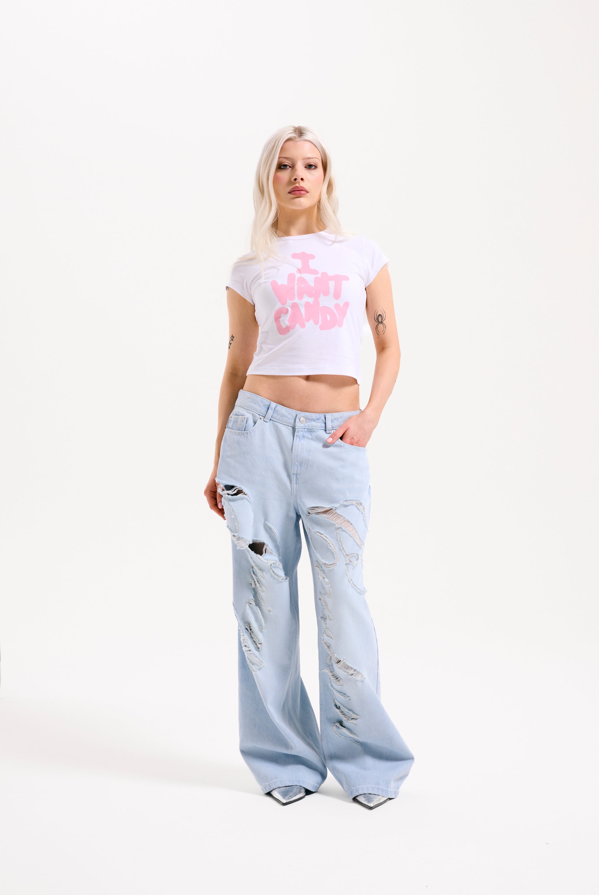 BLEACHED DENIM DISTRESSED WIDE LEG JEANS – W Blue BLEACHED DENIM DISTRESSED WIDE LEG JEANS – W Blue