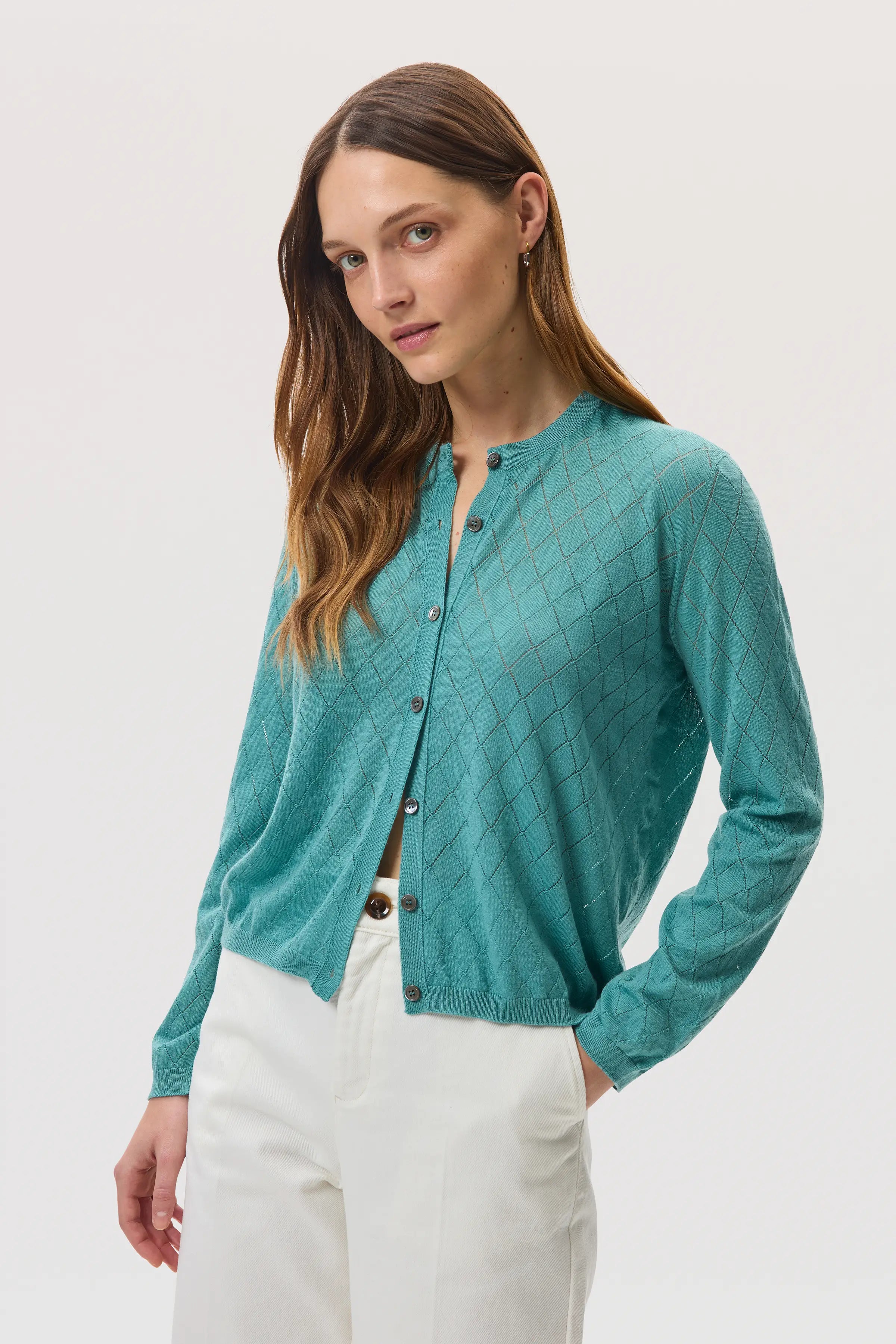 Superfine Merino Pointelle Argyle Green Cardigan Superfine Merino Pointelle Argyle Green Cardigan