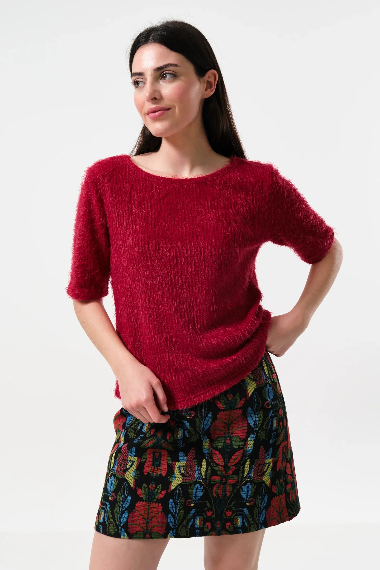 Laureen Eyelash Rib Short Sleeve Jumper – Red Laureen Eyelash Rib Short Sleeve Jumper – Red