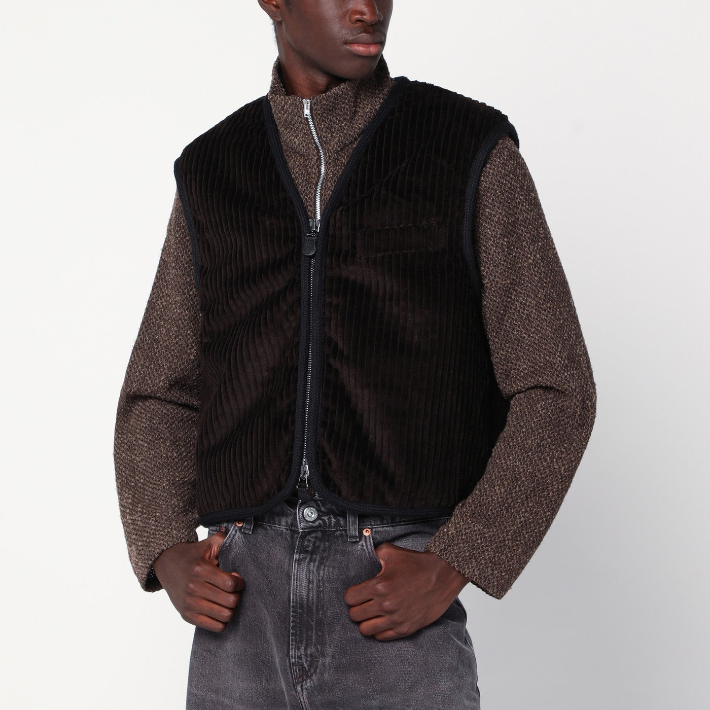 Brown ribbed velvet zip-up waistcoat