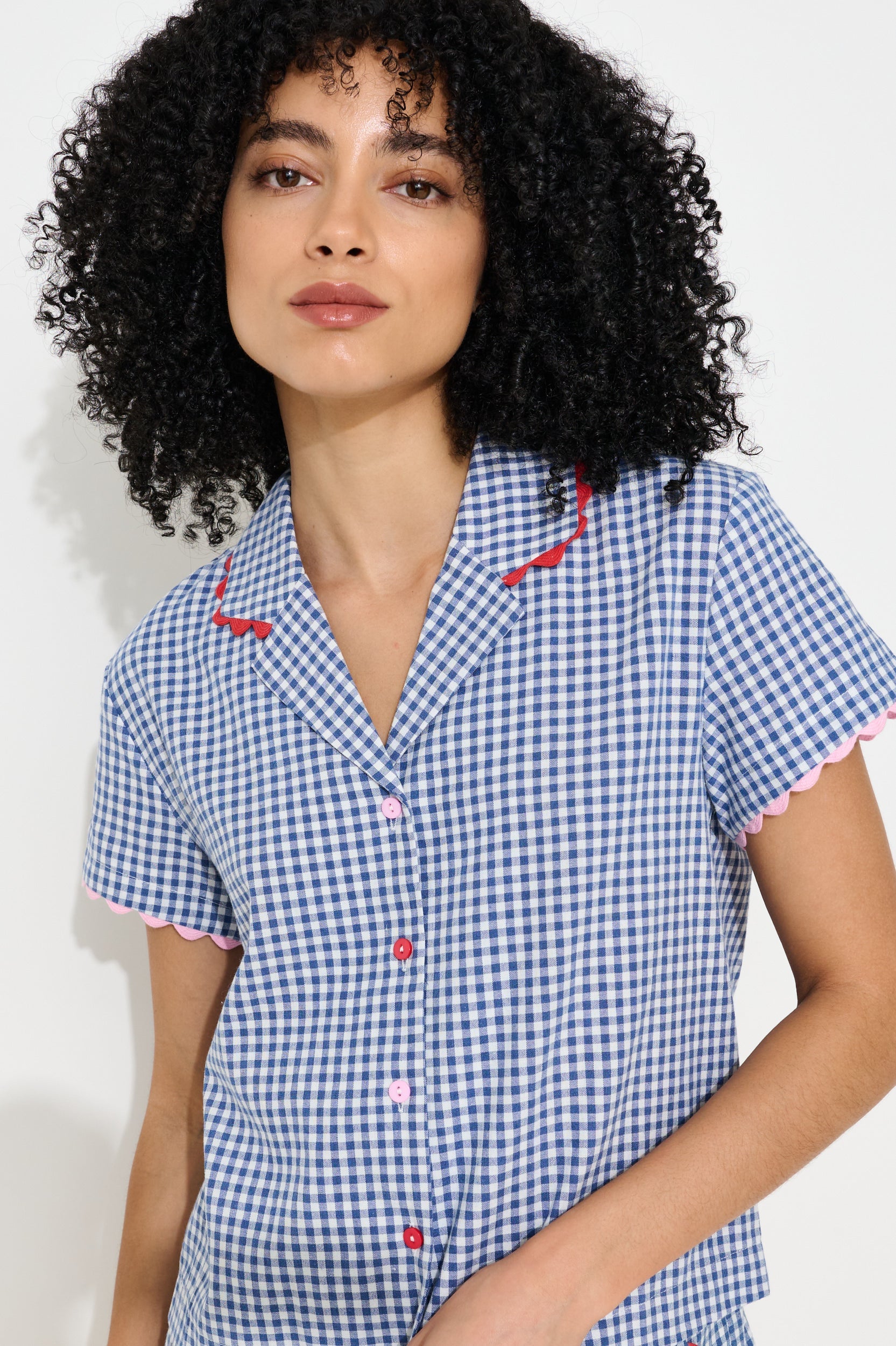 Marika Gingham Ric Rac Trim Resort Shirt – Blue Marika Gingham Ric Rac Trim Resort Shirt – Blue
