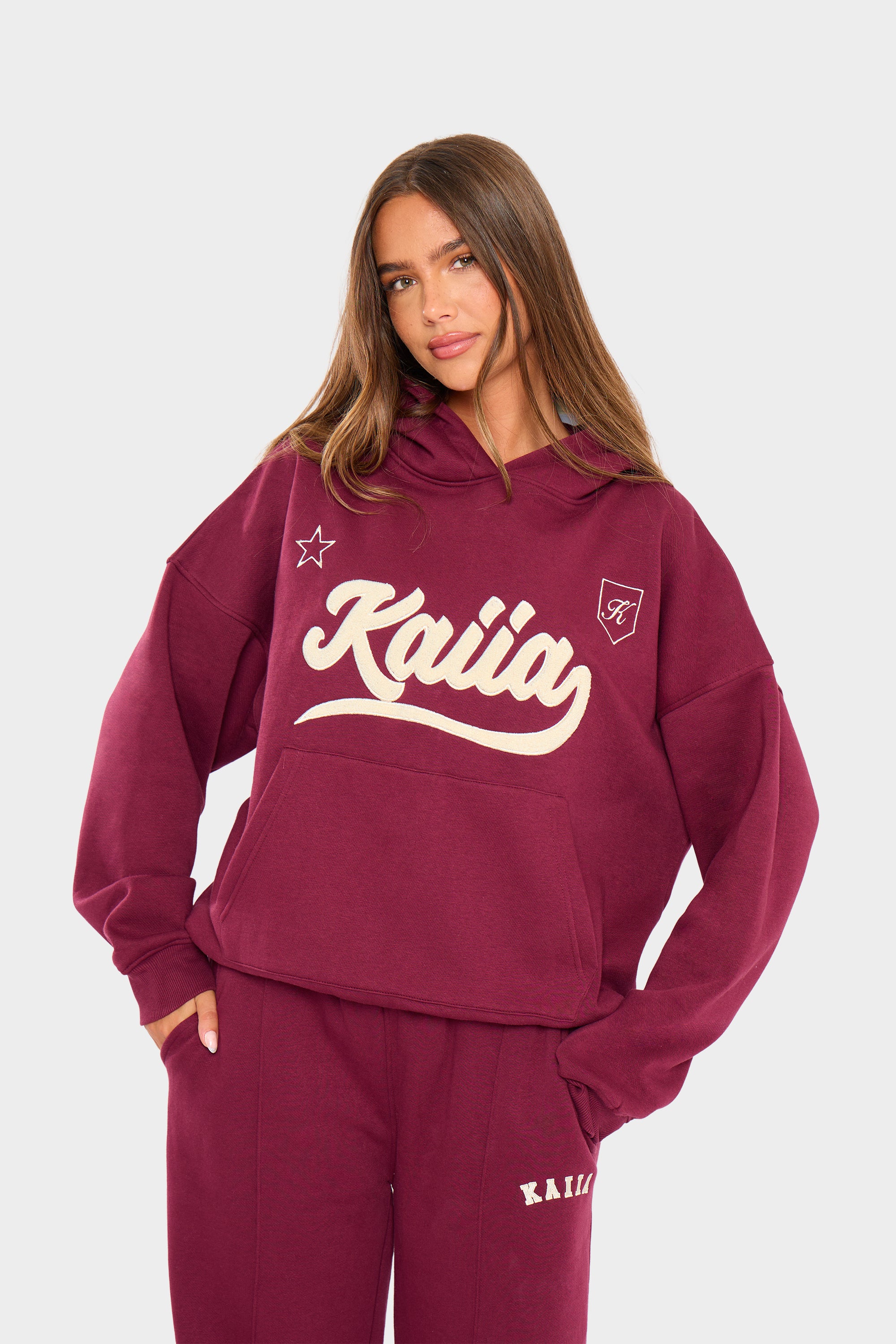 Kaiia Borg Varsity Oversized Hoodie Burgundy & Cream Kaiia Borg Varsity Oversized Hoodie Burgundy & Cream