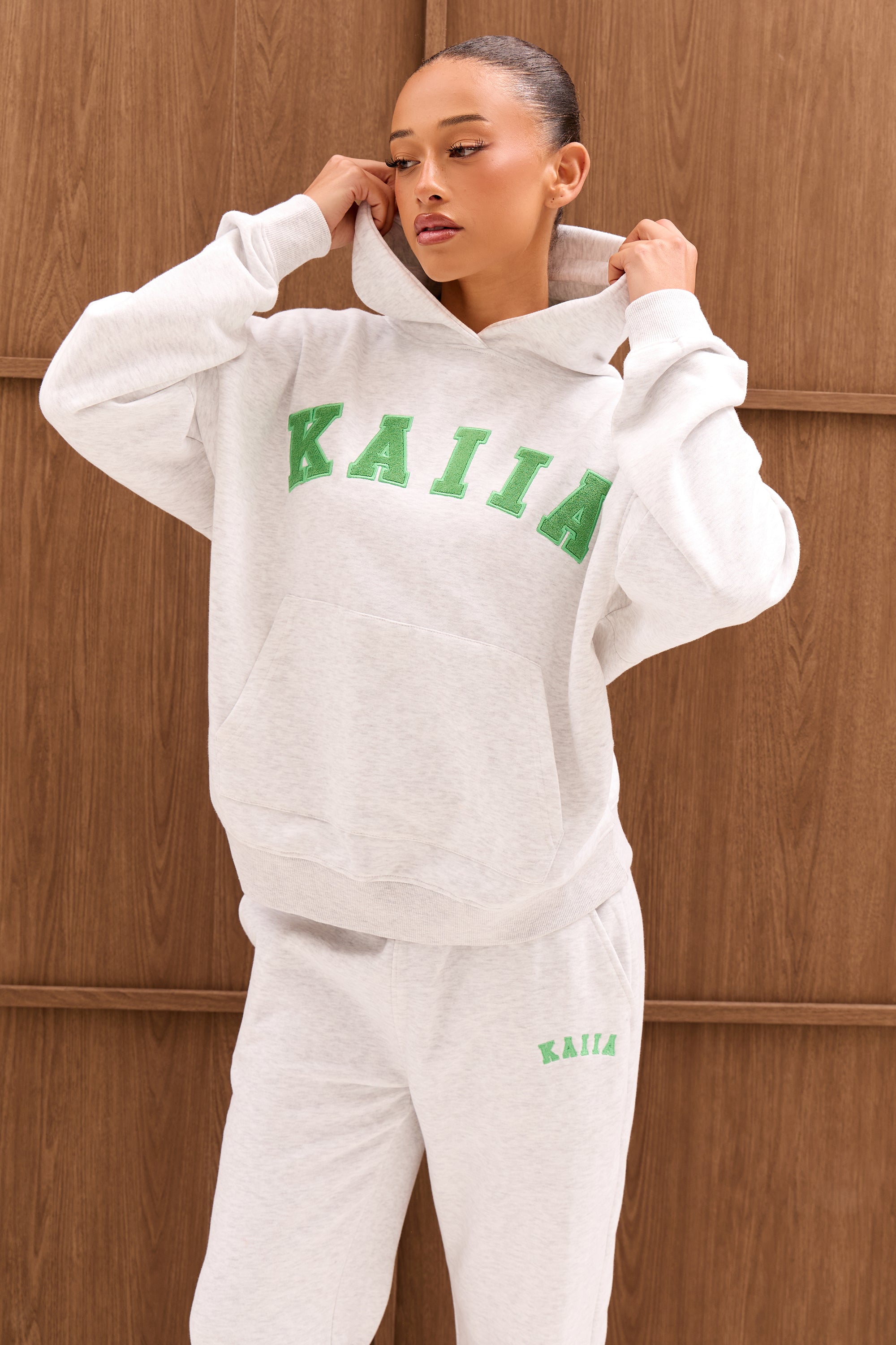 Kaiia Slogan Oversized Hoodie Light Grey Marl & Spring Green Kaiia Slogan Oversized Hoodie Light Grey Marl & Spring Green