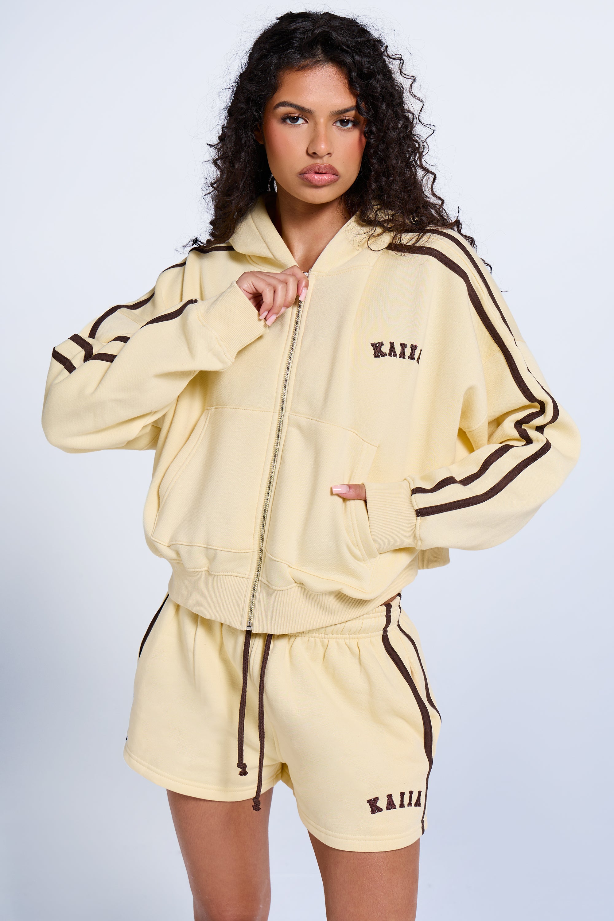 Kaiia Sport Side Stripe Oversized Zip Through Hoodie Butter Yellow & Brown Kaiia Sport Side Stripe Oversized Zip Through Hoodie Butter Yellow & Brown