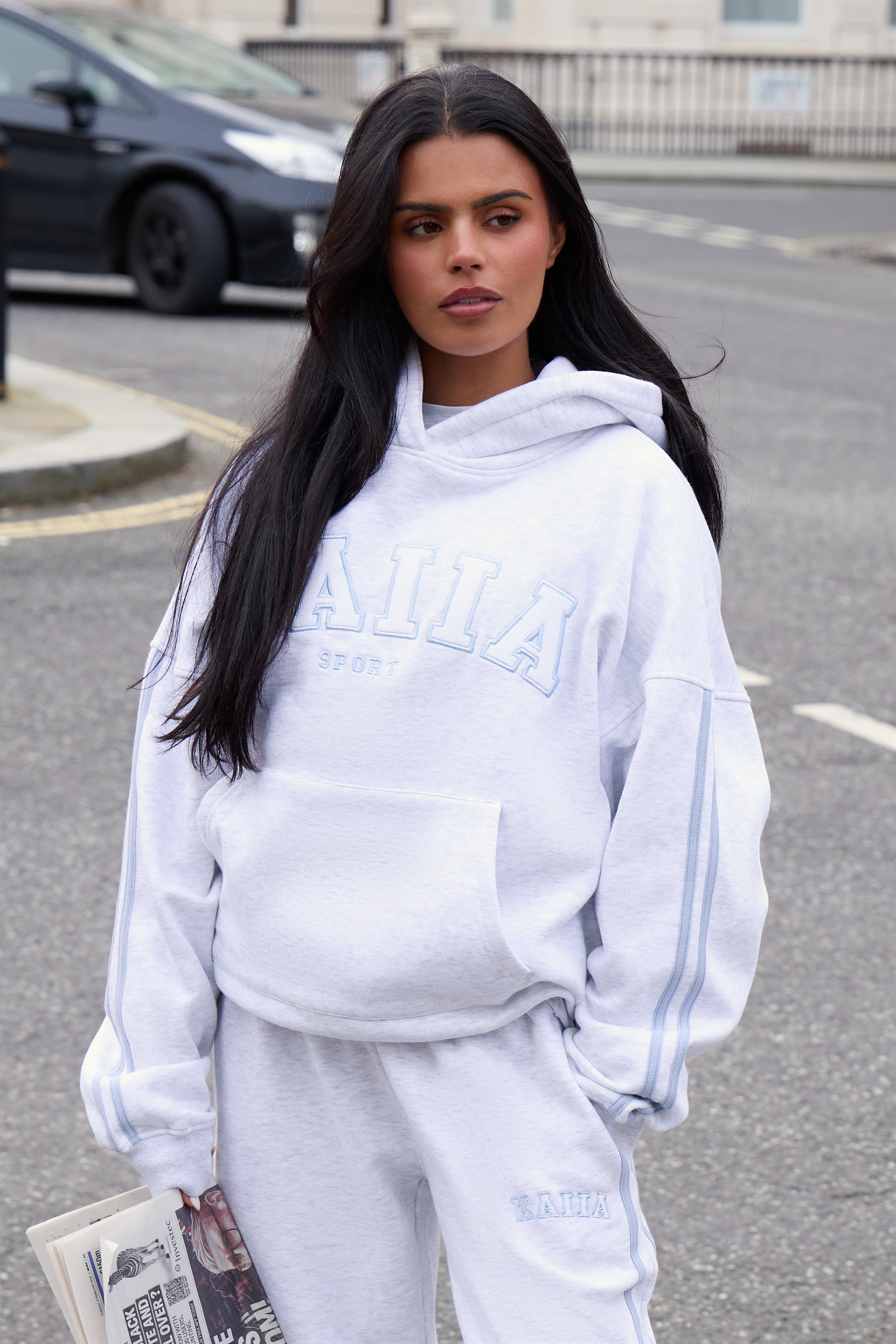 Kaiia Sport Side Stripe Oversized Hoodie Light Grey Marl & Light Blue Kaiia Sport Side Stripe Oversized Hoodie Light Grey Marl & Light Blue