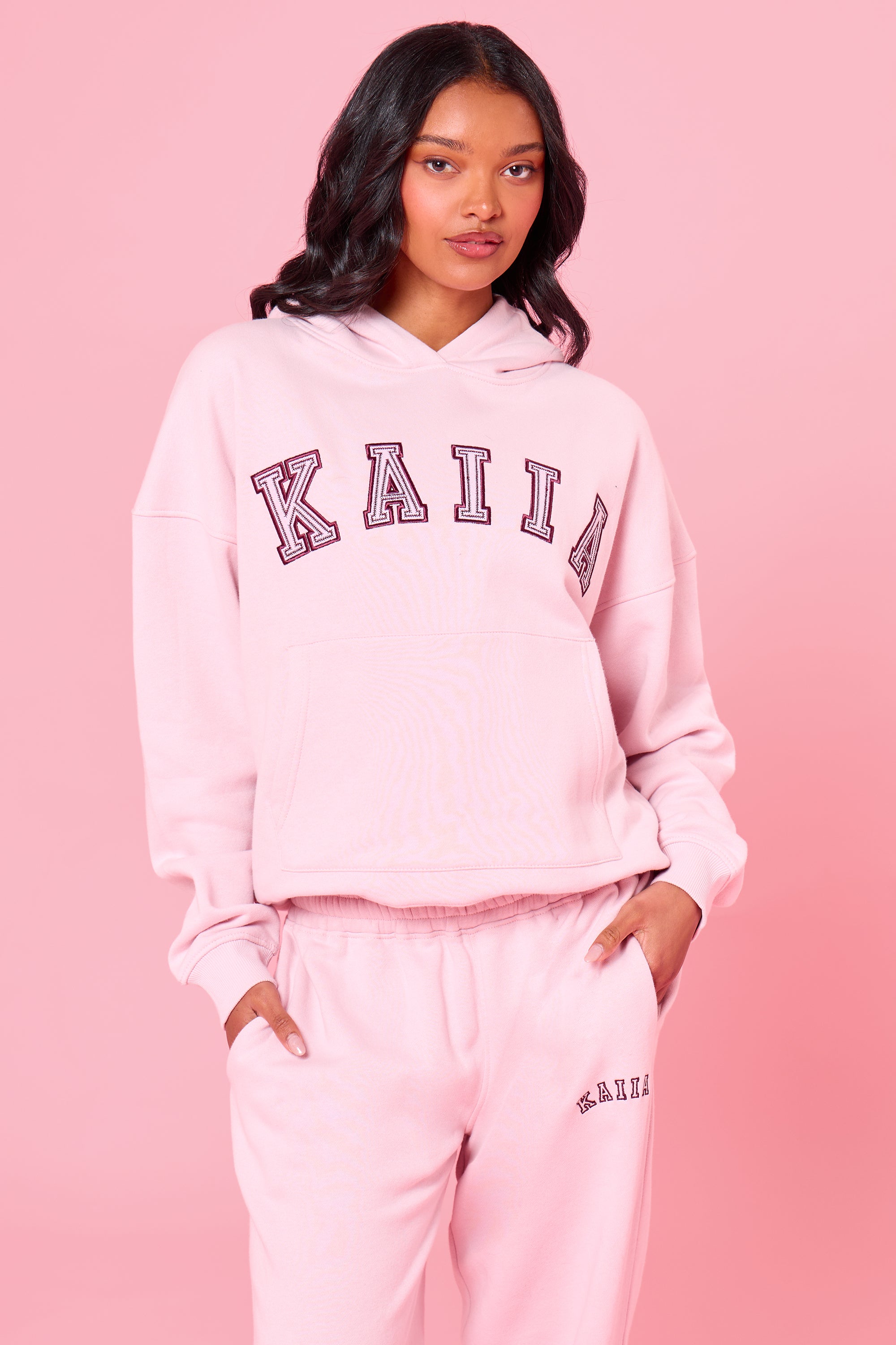 Kaiia Chainstitch Slogan Oversized Hoodie Baby Pink Kaiia Chainstitch Slogan Oversized Hoodie Baby Pink